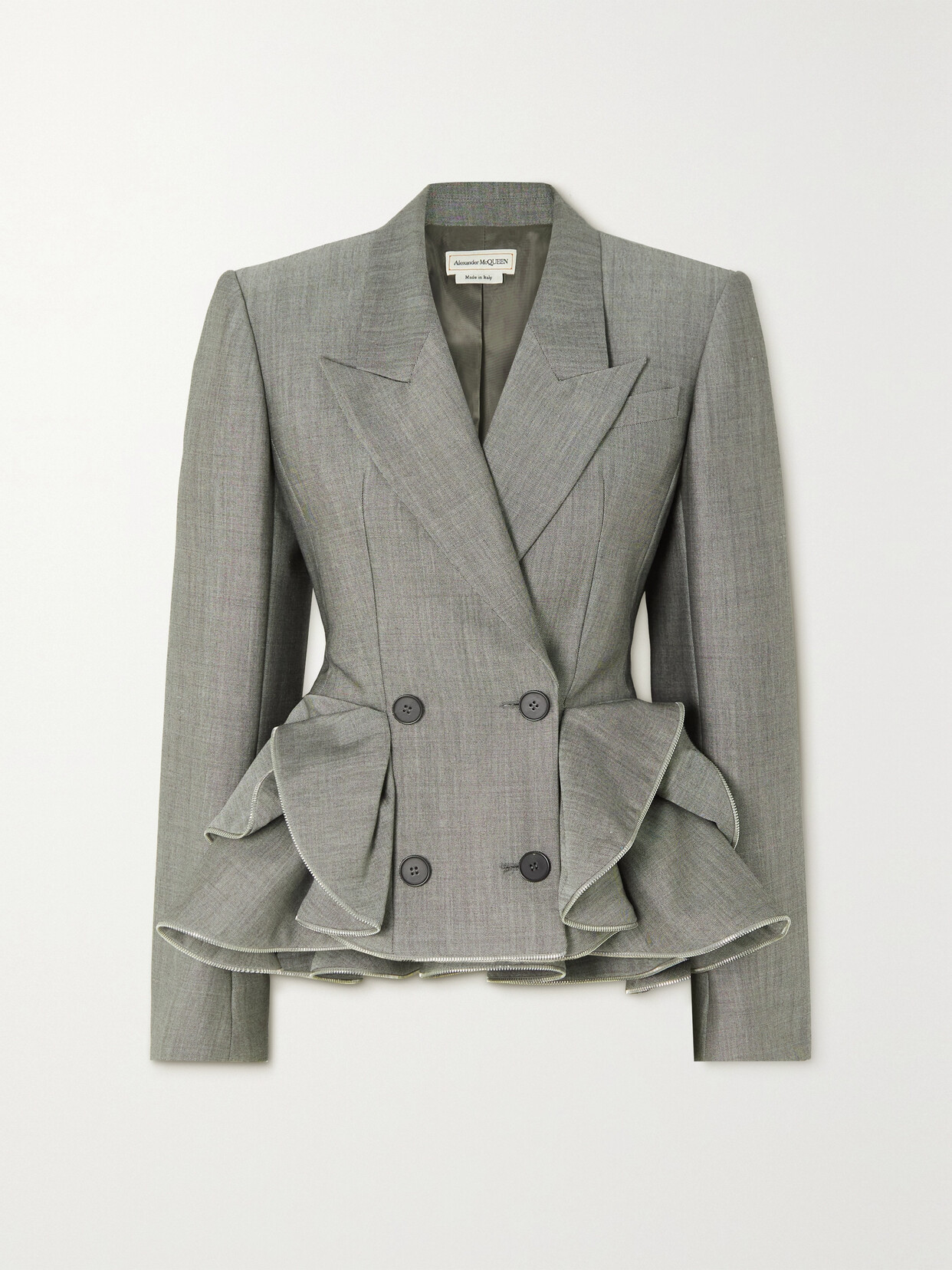 ALEXANDER MCQUEEN ZIP-DETAILED RUFFLED WOOL AND MOHAIR-BLEND PEPLUM BLAZER