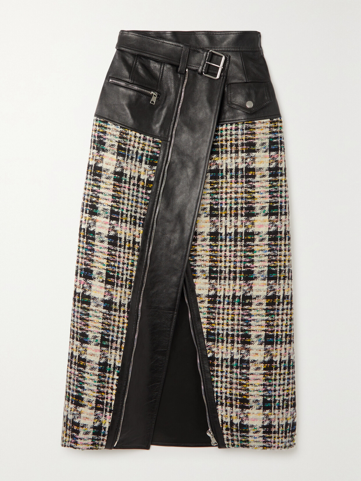 Alexander McQueen - Buckled Paneled Leather And Bouclé Midi Skirt - Black