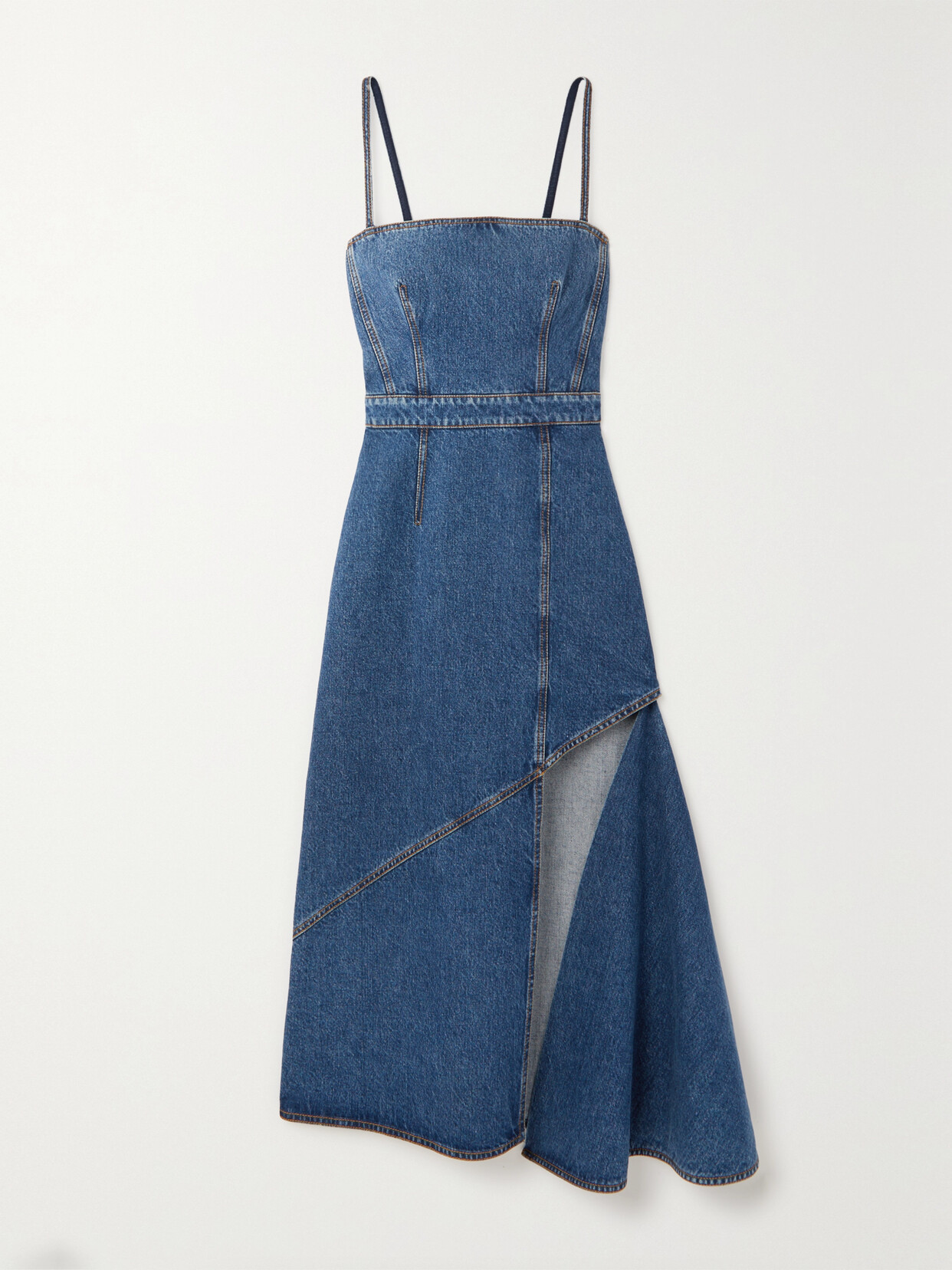 ALEXANDER MCQUEEN DRAPED PANELED DENIM MIDI DRESS