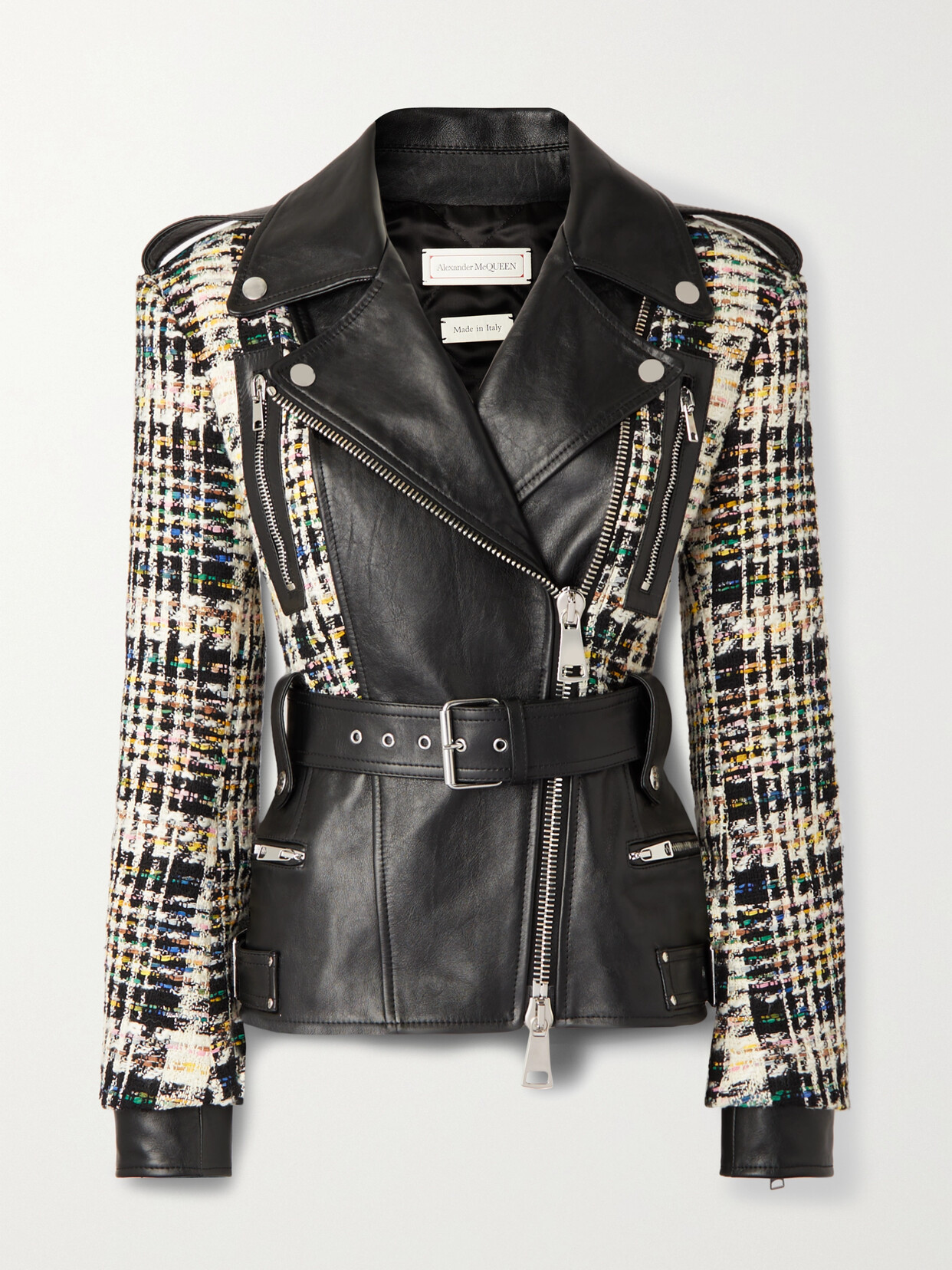 Alexander McQueen - Belted Leather And Metallic Tweed Biker Jacket - Black