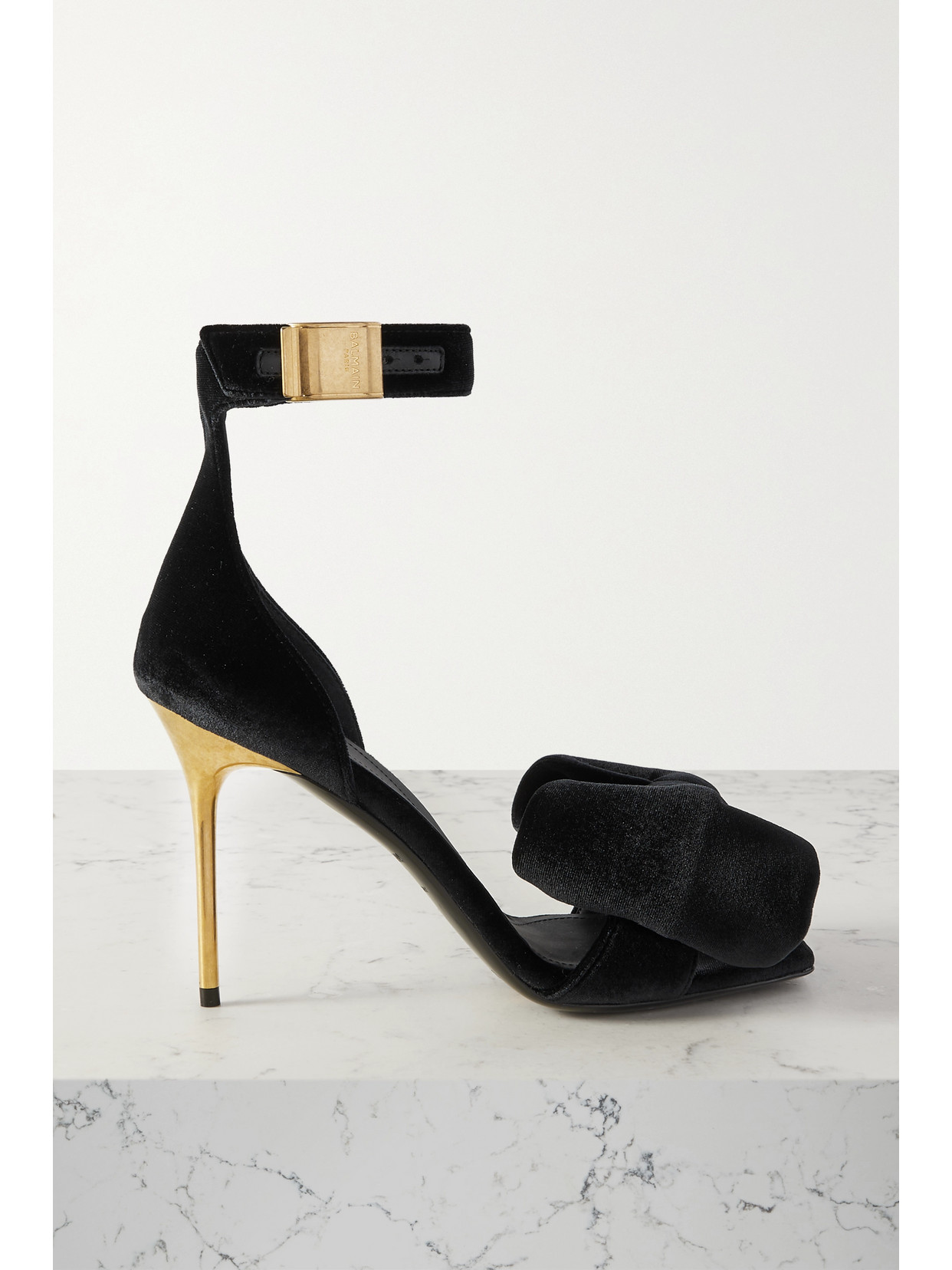 Shop Balmain Uma Bow-detailed Velvet Sandals In Black