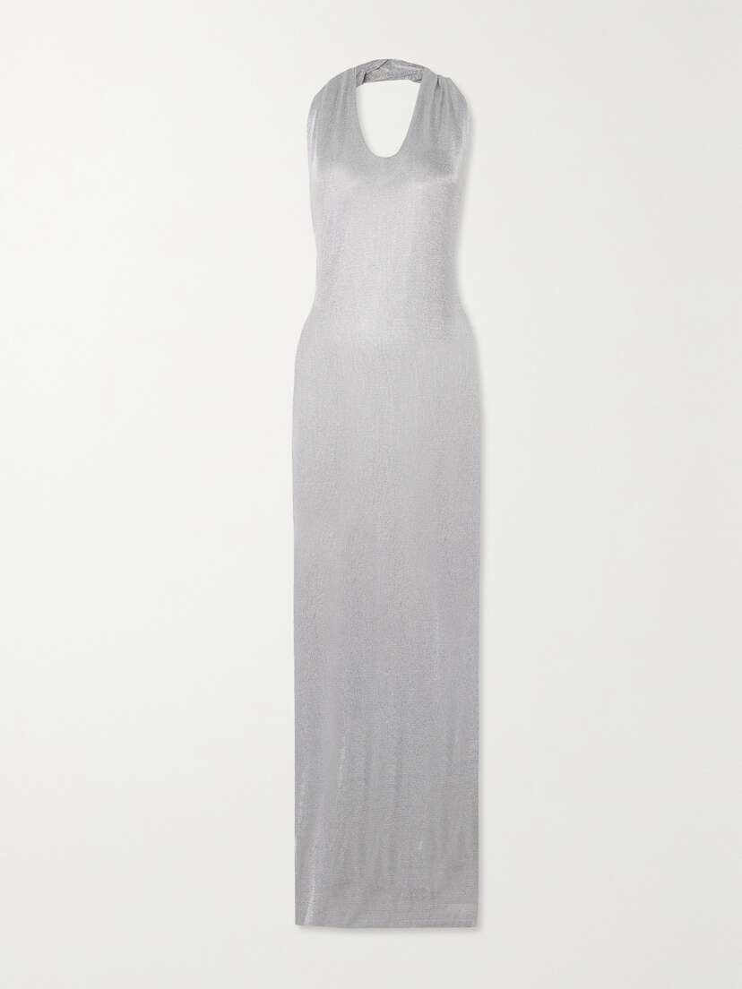 Tove Malaika Metallic Knitted Halterneck Maxi Dress