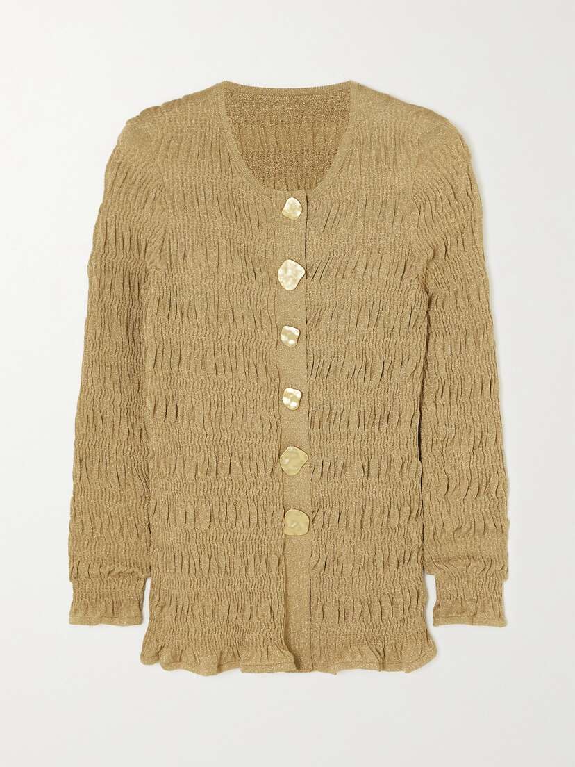 Tove Anja Shirred Metallic Stretch-knit Cardigan