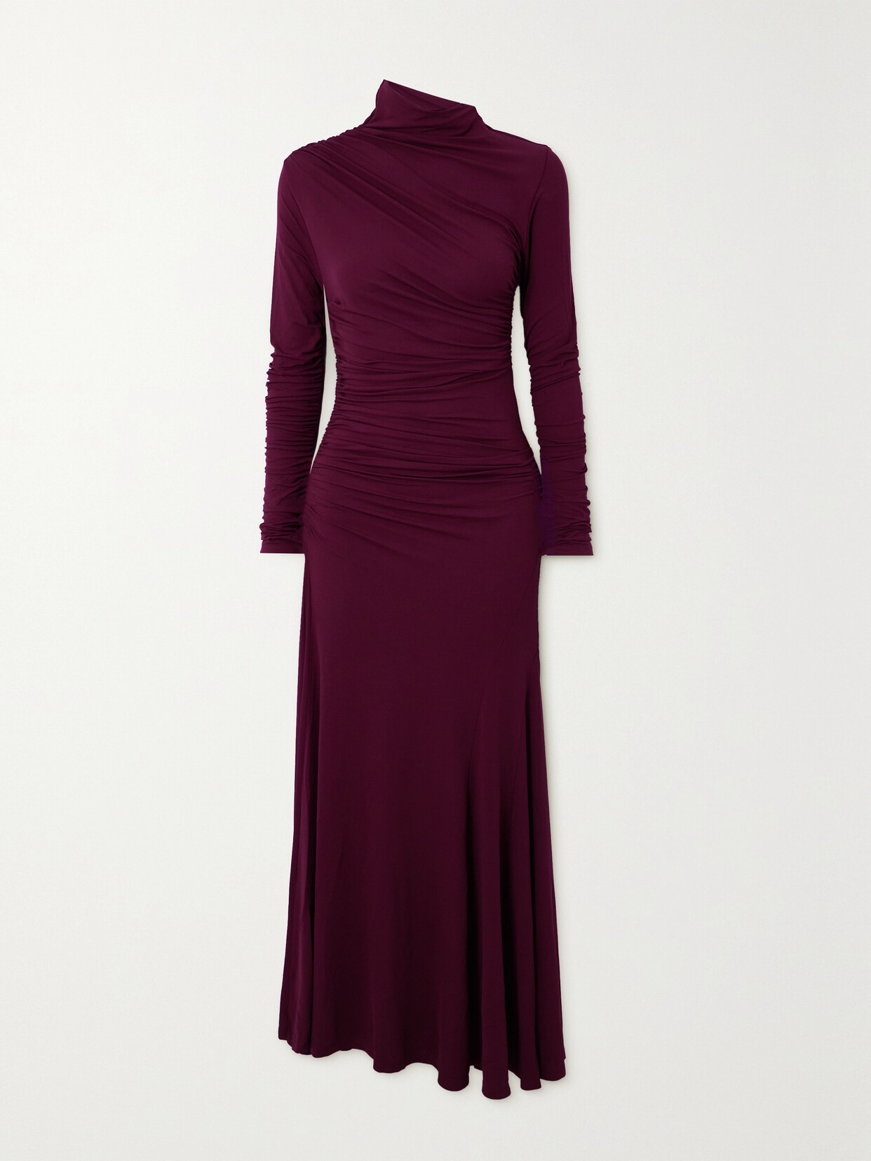 Shop Tove Africa Asymmetric Gathered Stretch-jersey Maxi Dress In Burgundy