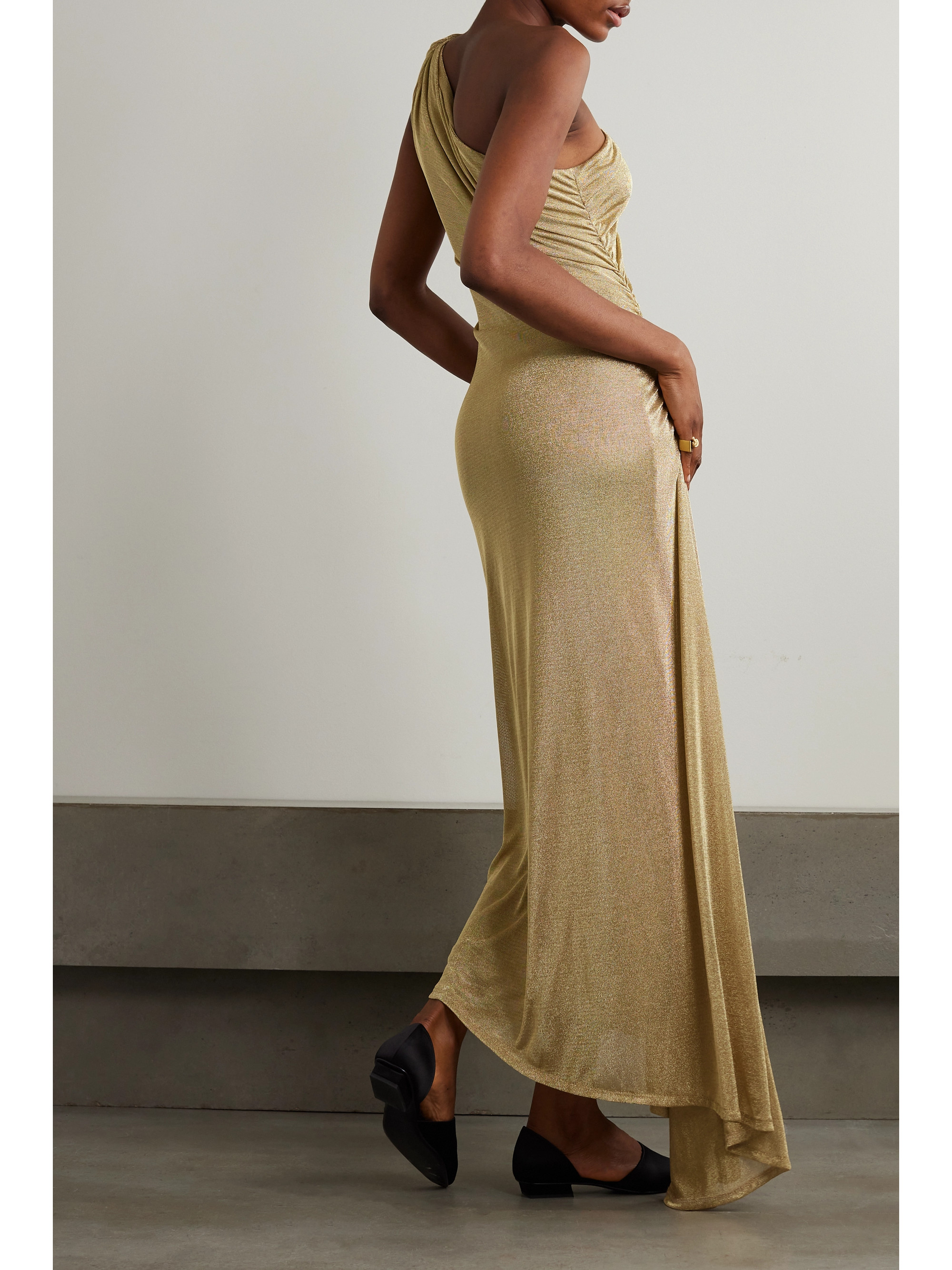 TOVE Vivien one-shoulder ruched metallic knitted maxi dress