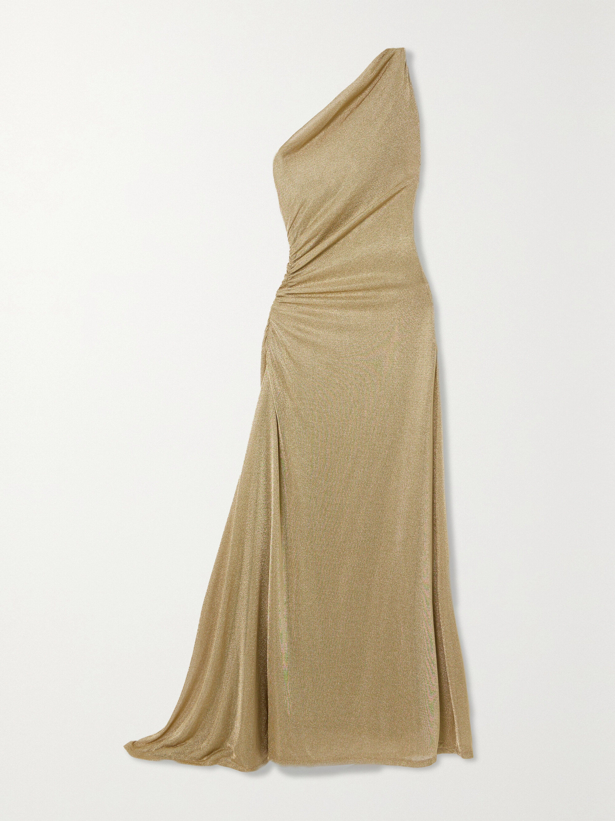TOVE Vivien one-shoulder ruched metallic knitted maxi dress