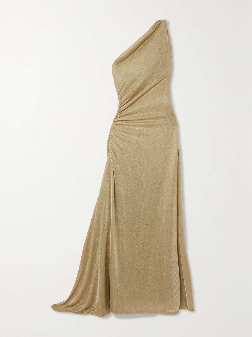 Tove Vivien One-shoulder Ruched Metallic Knitted Maxi Dress