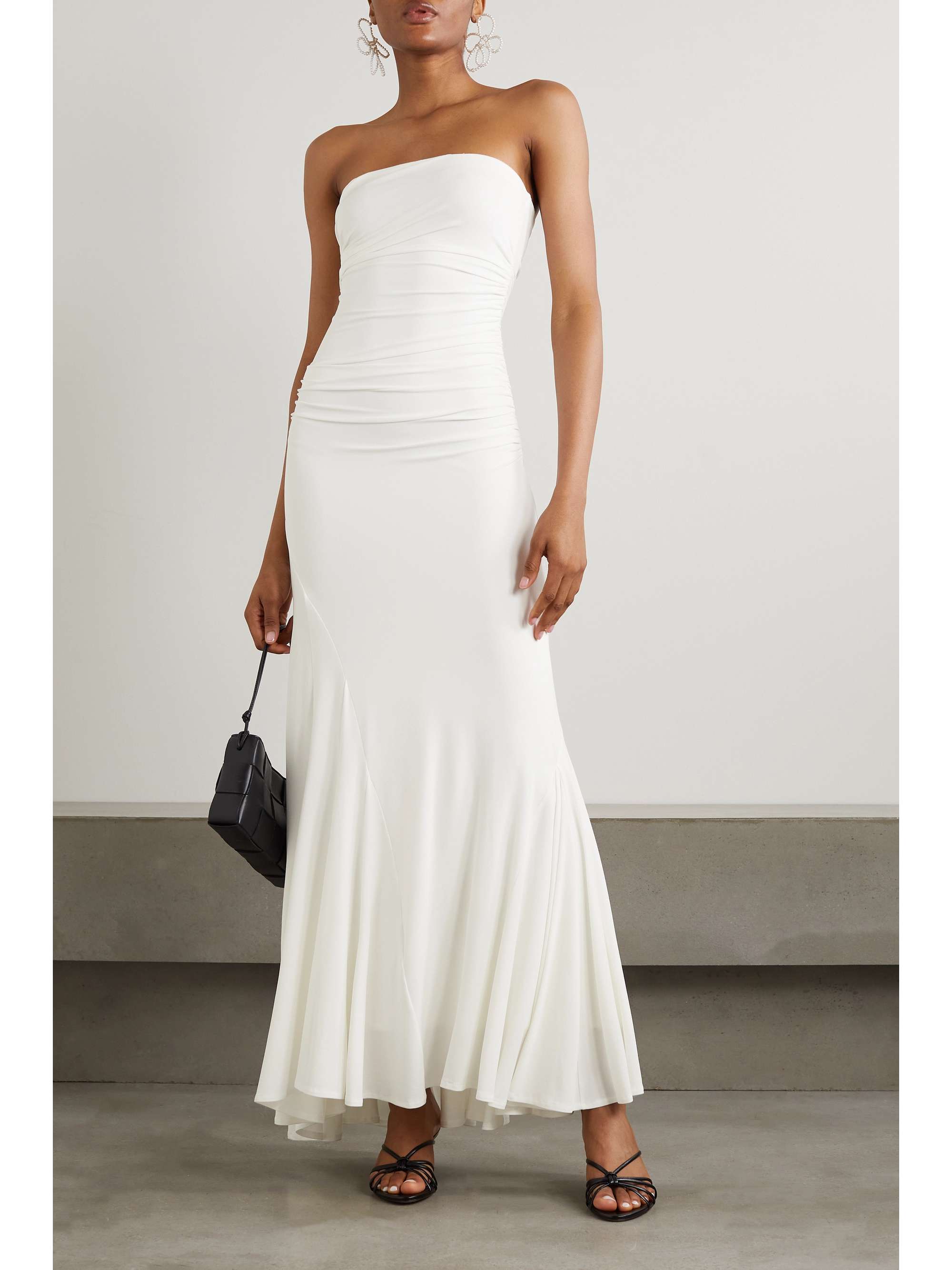 Strapless appliquéd draped stretch-jersey maxi dress