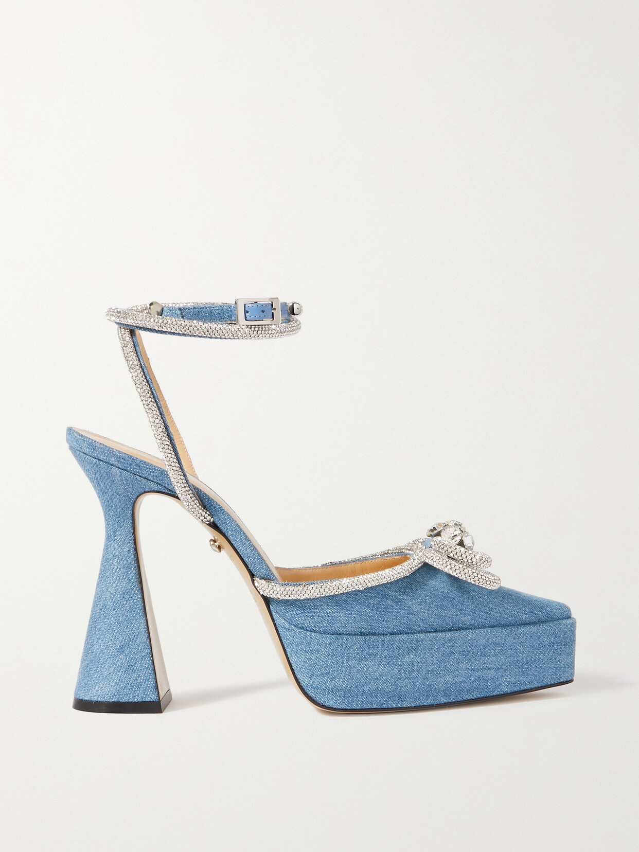 Mach & Mach Double Bow Crystal-embellished Denim Platform Pumps In Blue