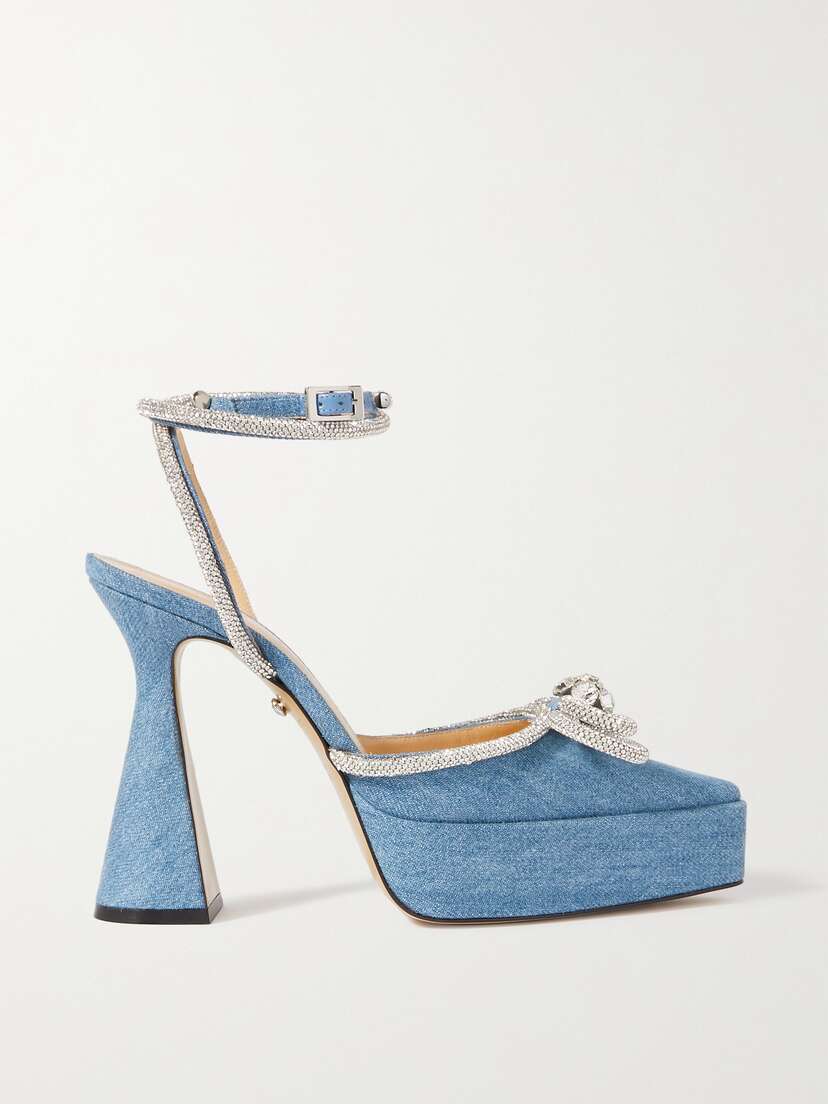 Mach & Mach Double Bow Crystal-embellished Denim Platform Pumps