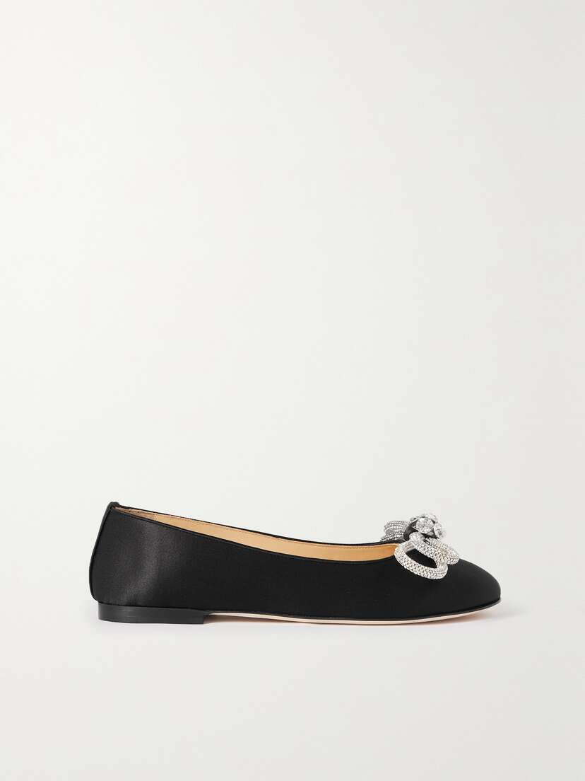 Mach & Mach Double Bow Glitter Crystal-embellished Satin Ballet Flats