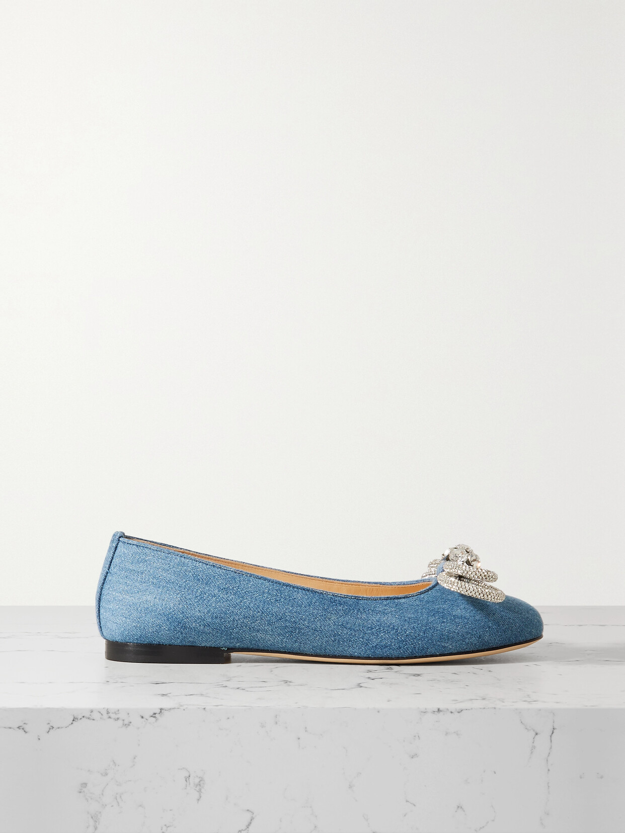 MACH & MACH - Double Bow Crystal-embellished Denim Ballet Flats - Blue