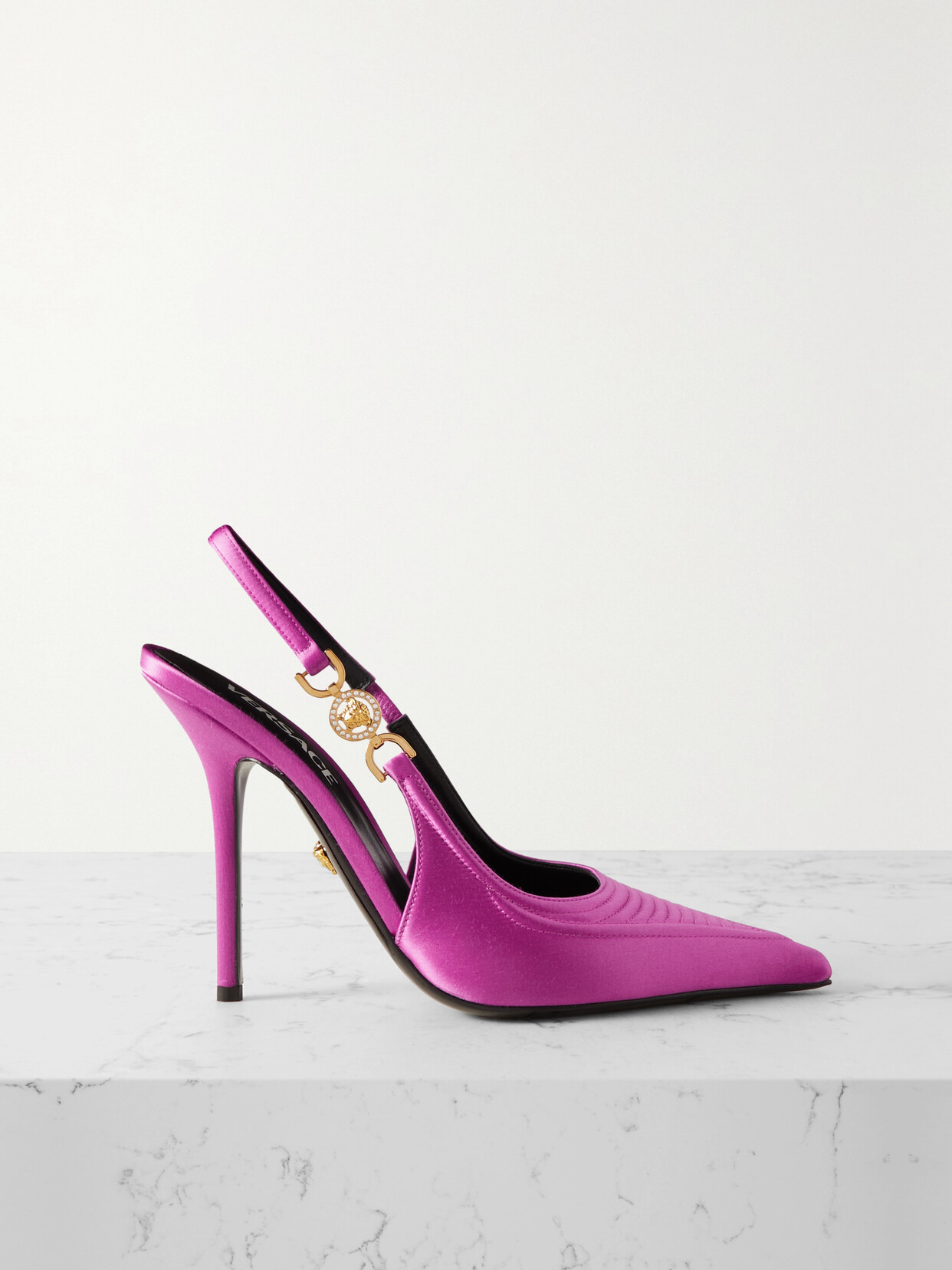 Versace - Embellished Quilted Satin Slingback Point-toe Pumps - Pink