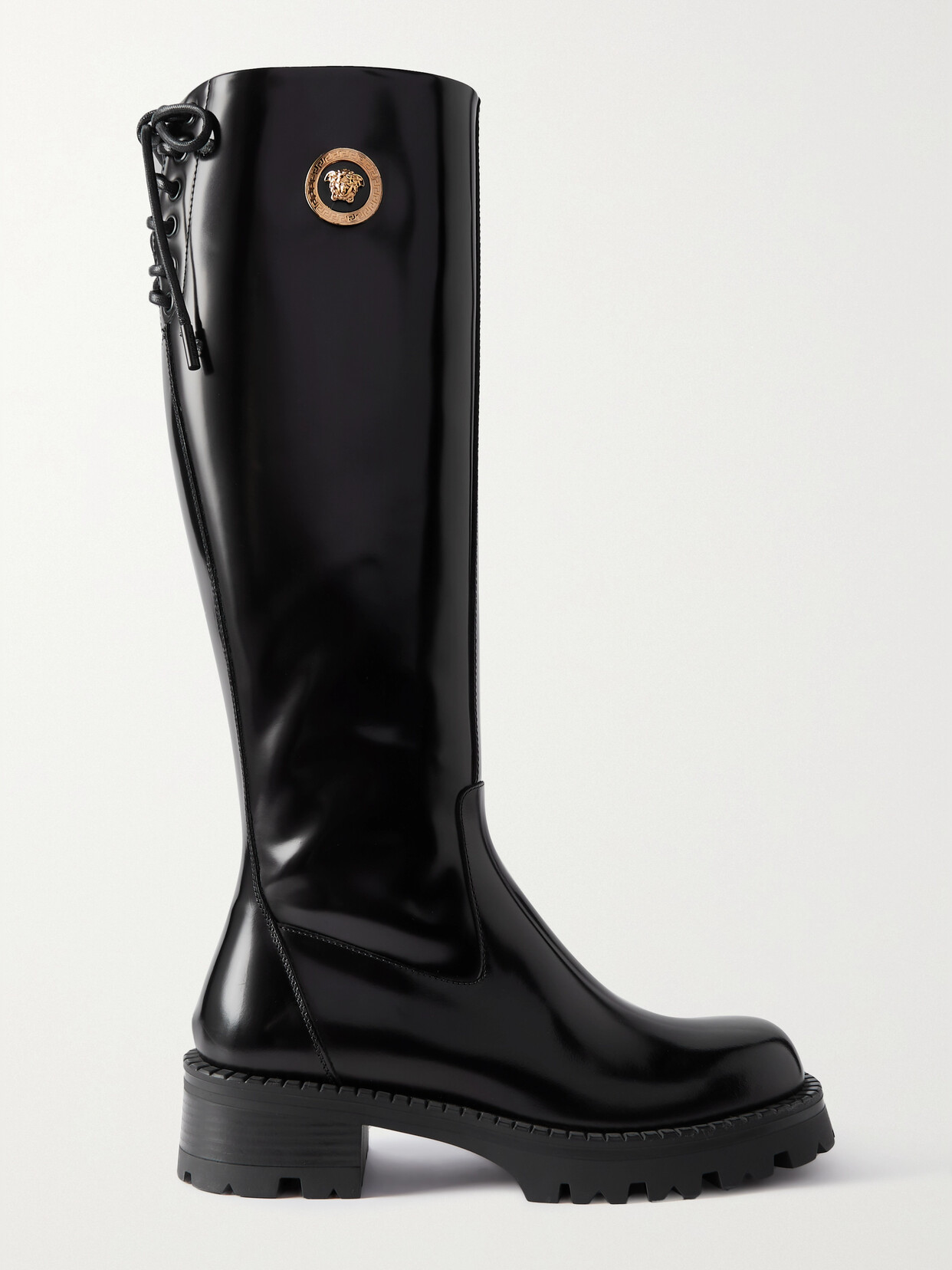 Versace Embellished Glossed-leather Knee Boots In Black