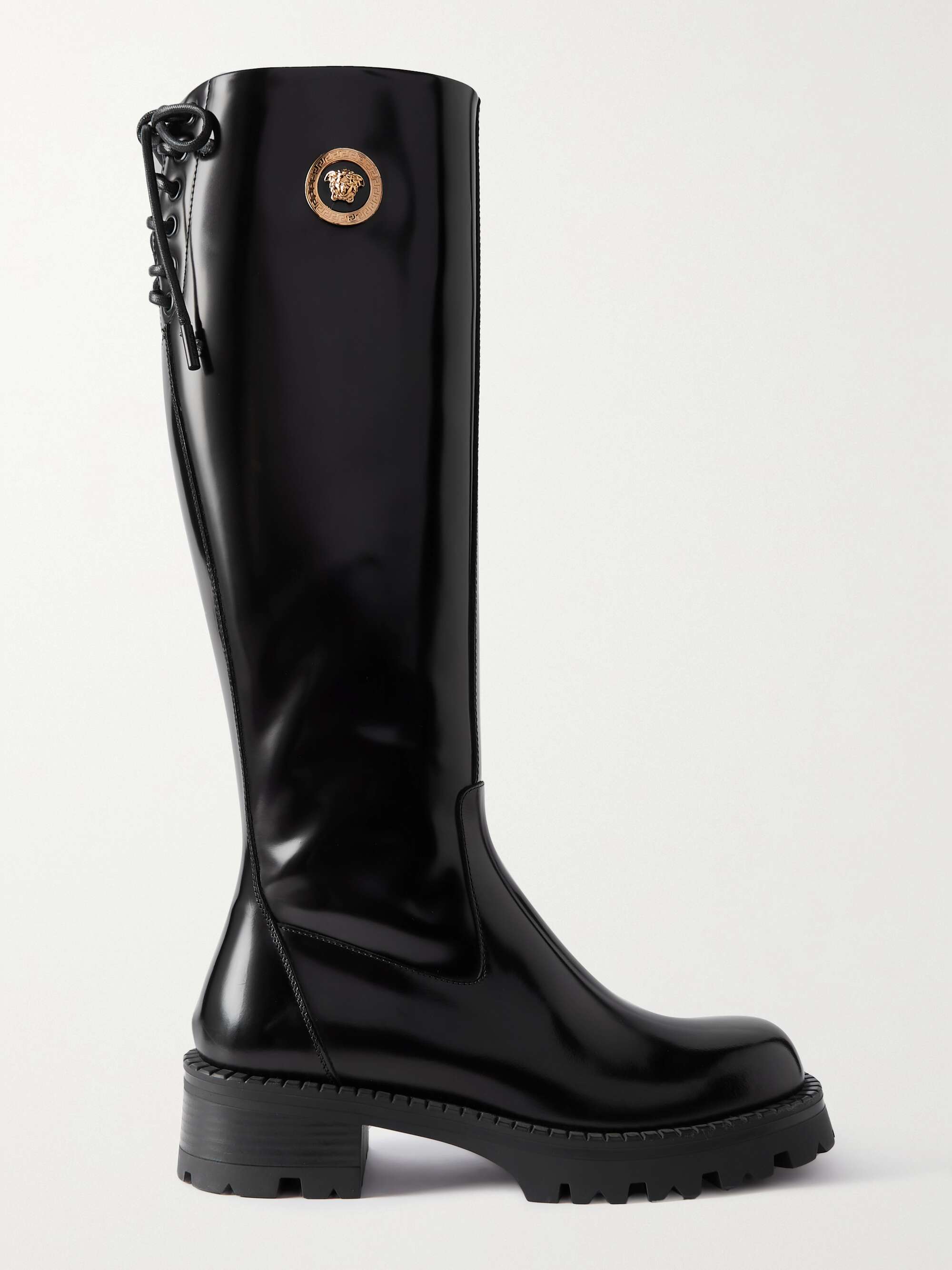 VERSACE Embellished glossed-leather knee boots | NET-A-PORTER