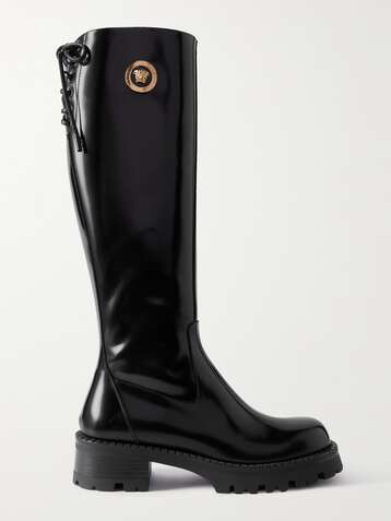 Gucci Leather-trimmed Logo-jacquard Over-the-knee Boots in Natural