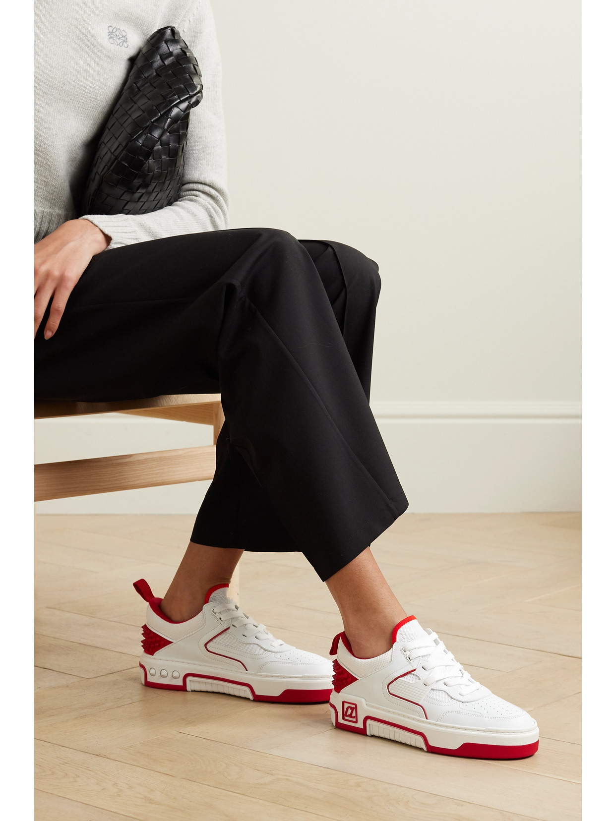 CHRISTIAN LOUBOUTIN ASTROLOUBI STUD-EMBELLISHED LEATHER AND MESH SNEAKERS