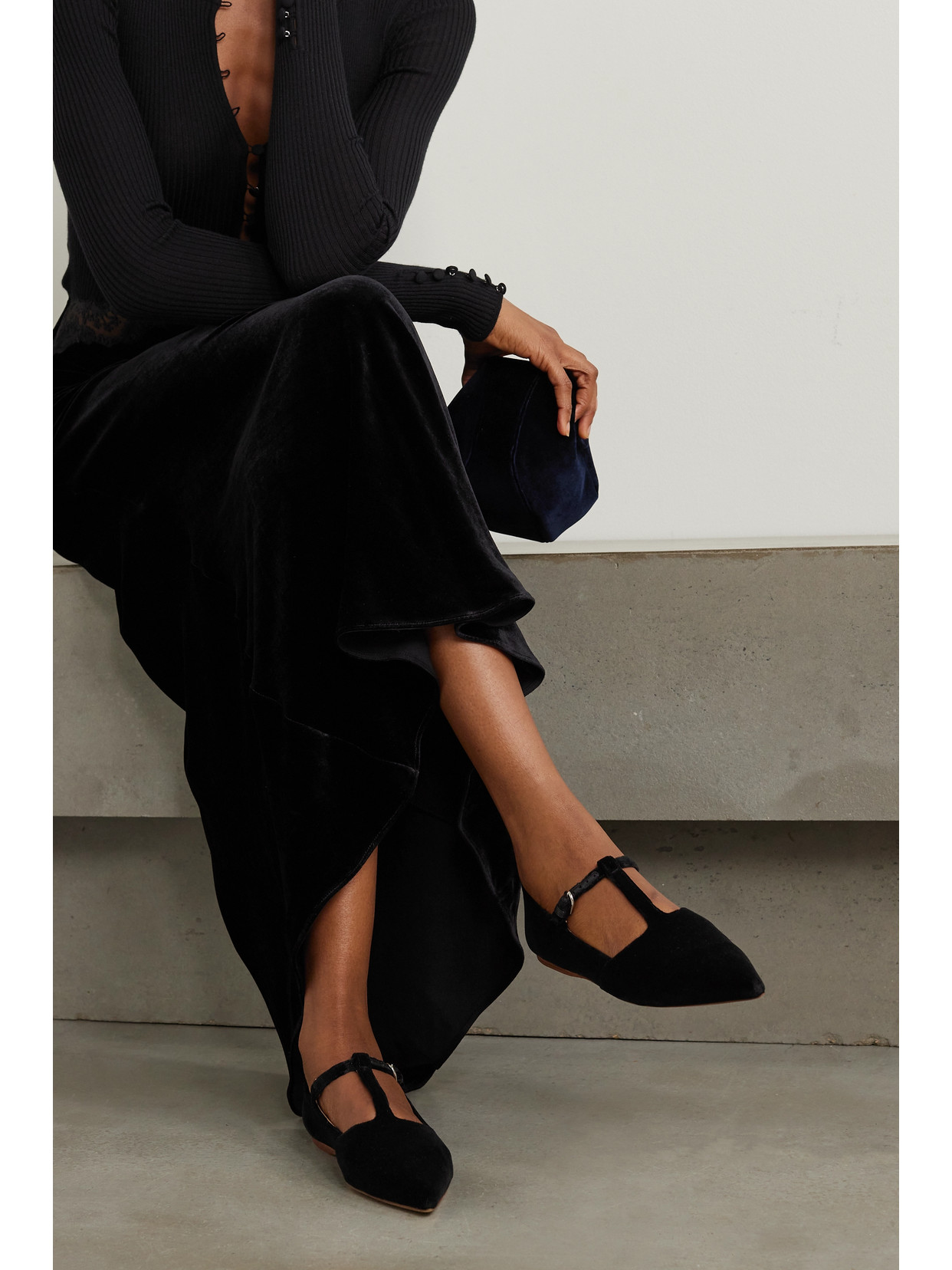 + Net Sustain Lola Ballerina Organic Cotton-Velvet Mary Jane Point-Toe Flats