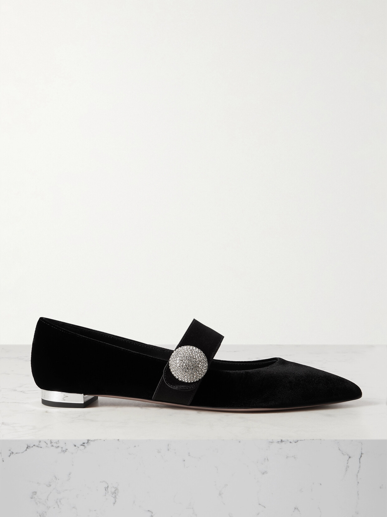Aquazzura Crystal Macaron Embellished Satin-trimmed Velvet Point-toe Flats In Black
