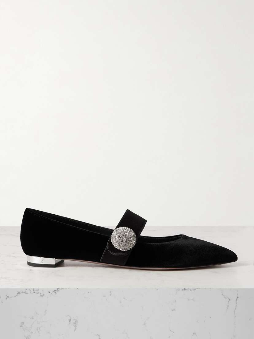 Aquazzura Crystal Macaron Embellished Satin-trimmed Velvet Point-toe Flats