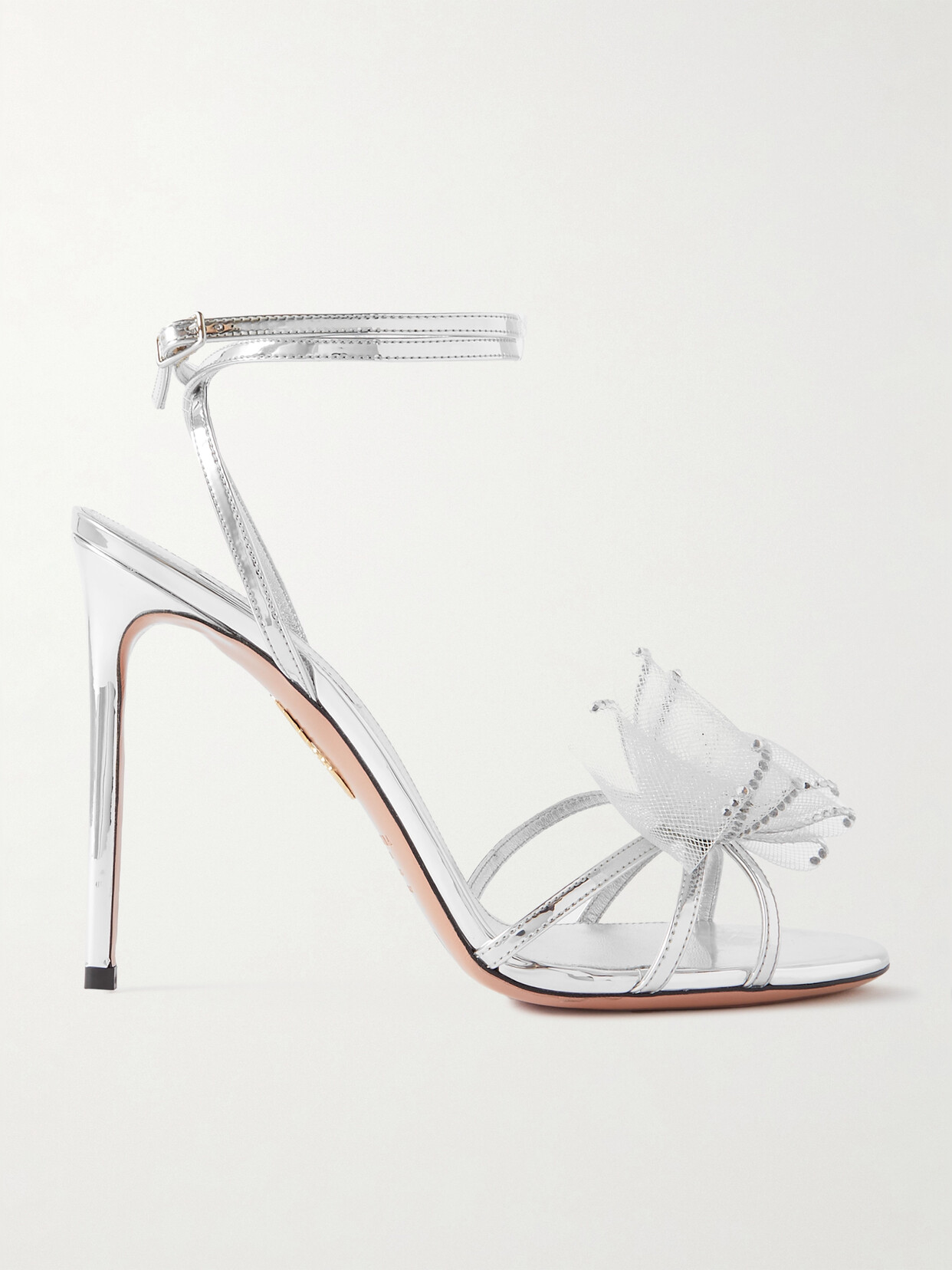 Aquazzura Reve 105 Embellished Tulle-trimmed Faux Mirrored-leather Sandals - Silver