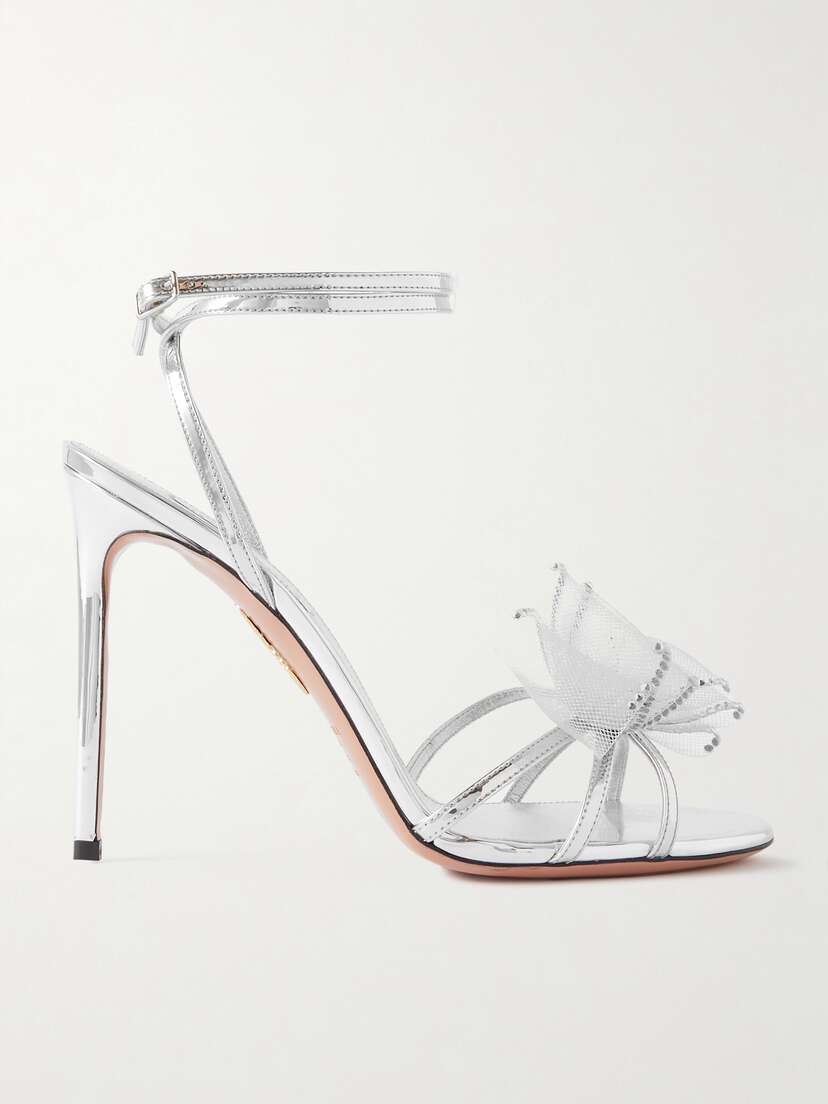 Aquazzura Reve 105 Embellished Tulle-trimmed Faux Mirrored-leather Sandals