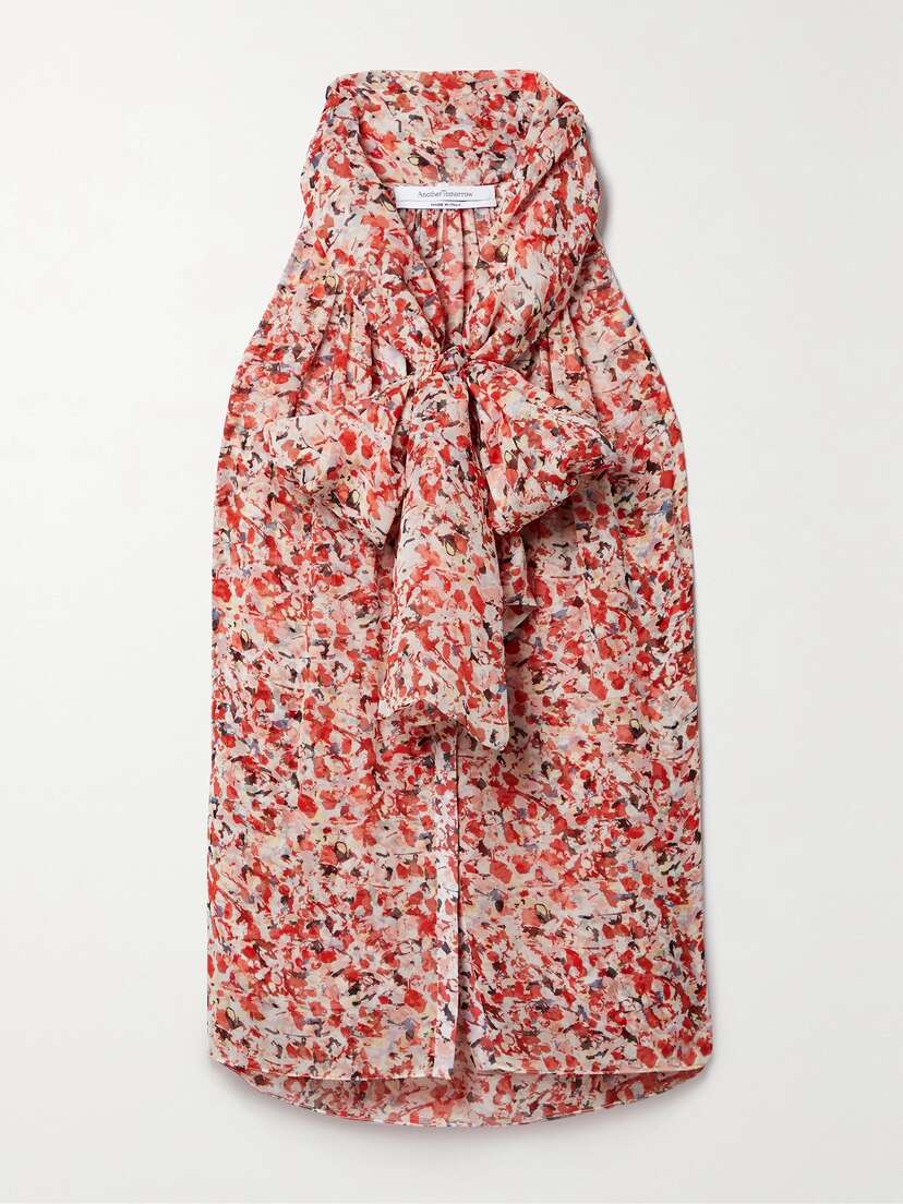Another Tomorrow + Net Sustain Tie-detailed Printed Peace Silk Top