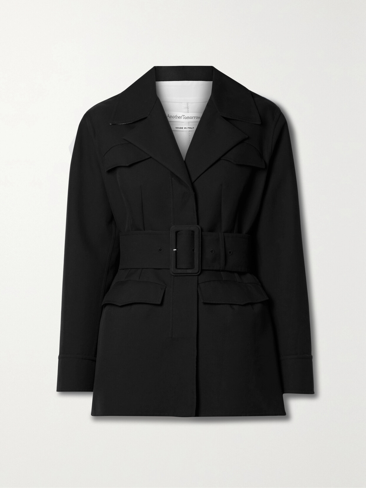 Another Tomorrow Belted Cotton Blazer In Black