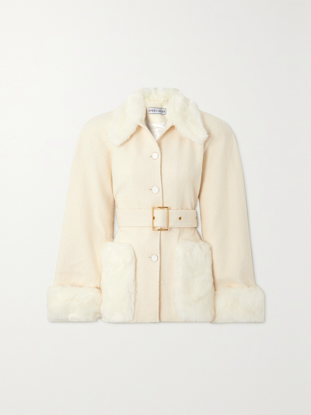 Rowen Rose - Belted Faux Fur-trimmed Wool-blend Bouclé Jacket - White