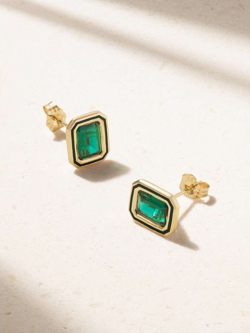 Alison Lou Madison 14-karat Gold, Laboratory-grown Emerald And Enamel Earrings