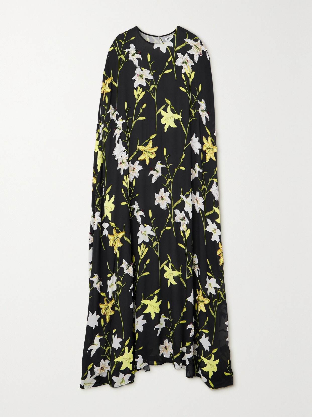 Bernadette Eleonore Oversized Cape-effect Embellished Floral-print Crepe De Chine Gown In Black