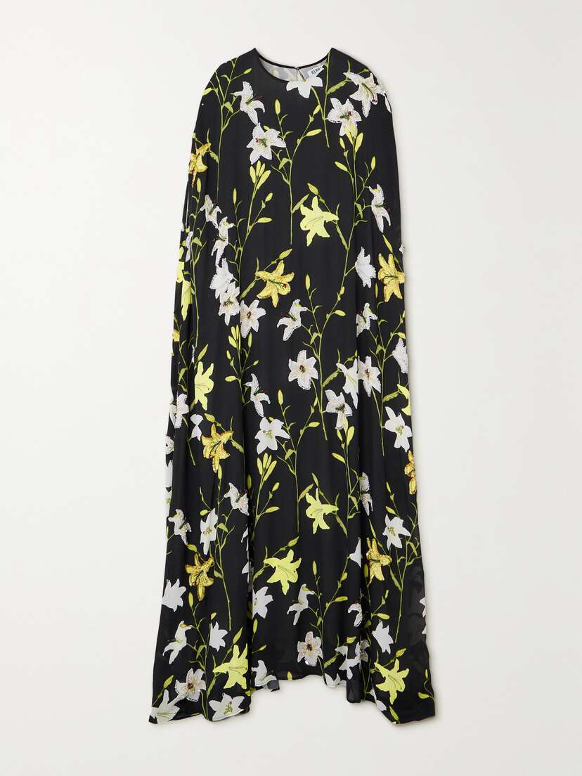 BERNADETTE Eleonore Oversized Cape-effect Embellished Floral-print Crepe De Chine Gown
