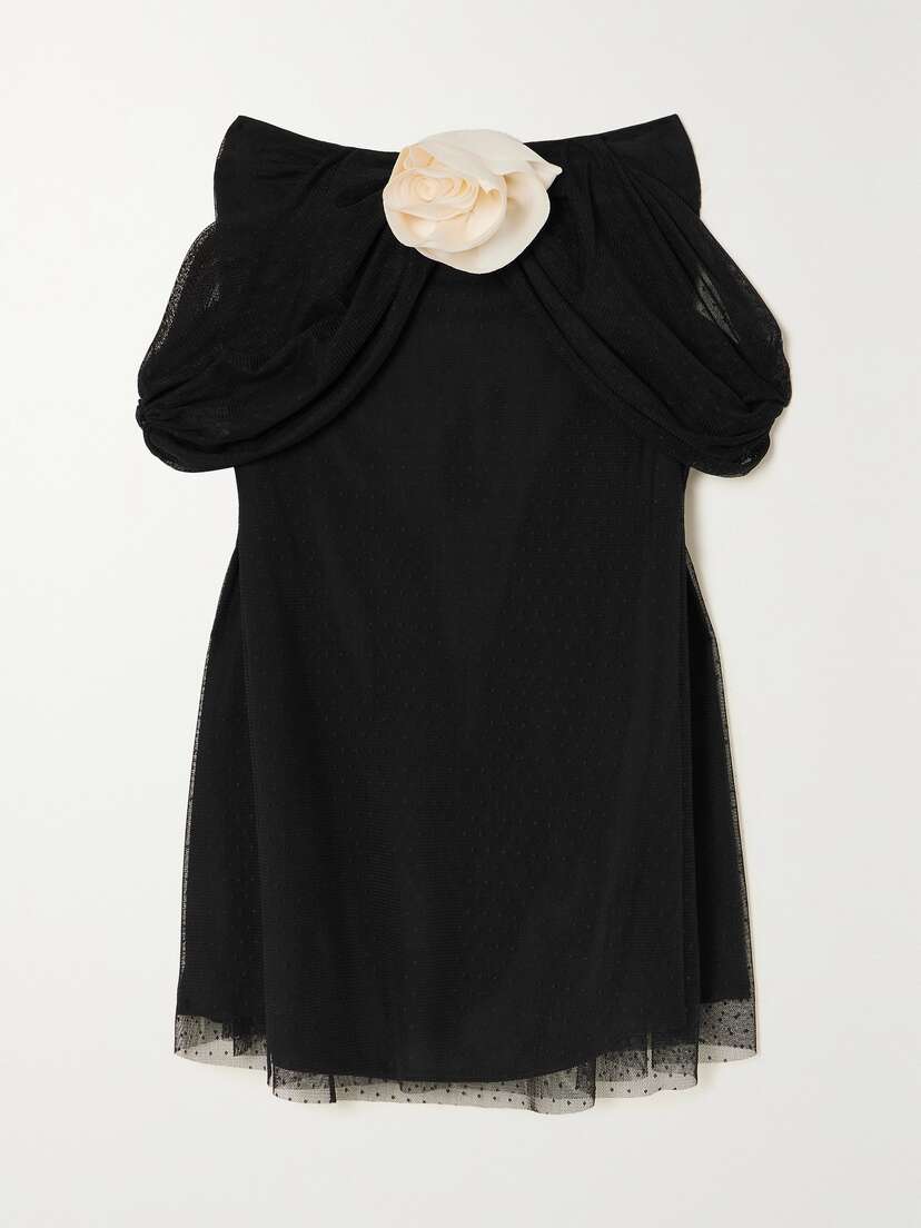 BERNADETTE Daffodil Floral-appliquéd Point D'esprit Tulle And Silk Crepe De Chine Mini Dress