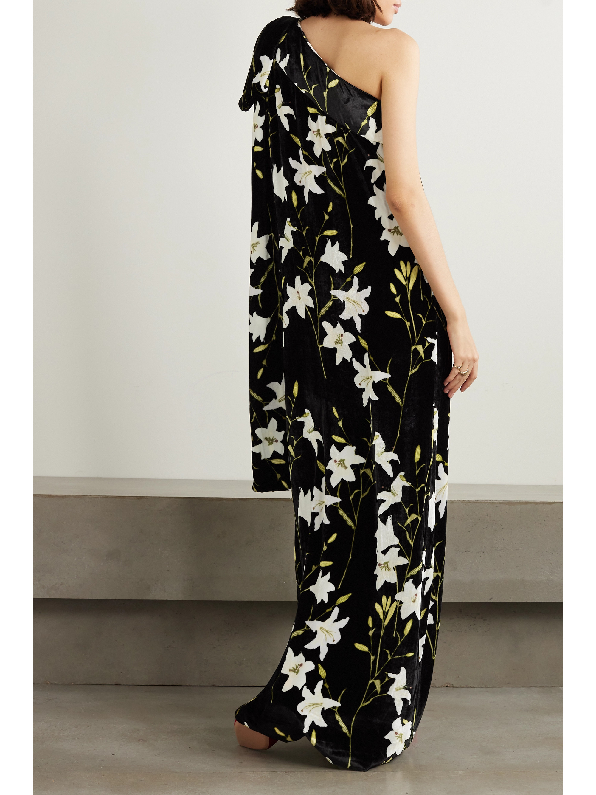 Bernadette Nel bow-detailed one-sleeve floral-print velvet gown