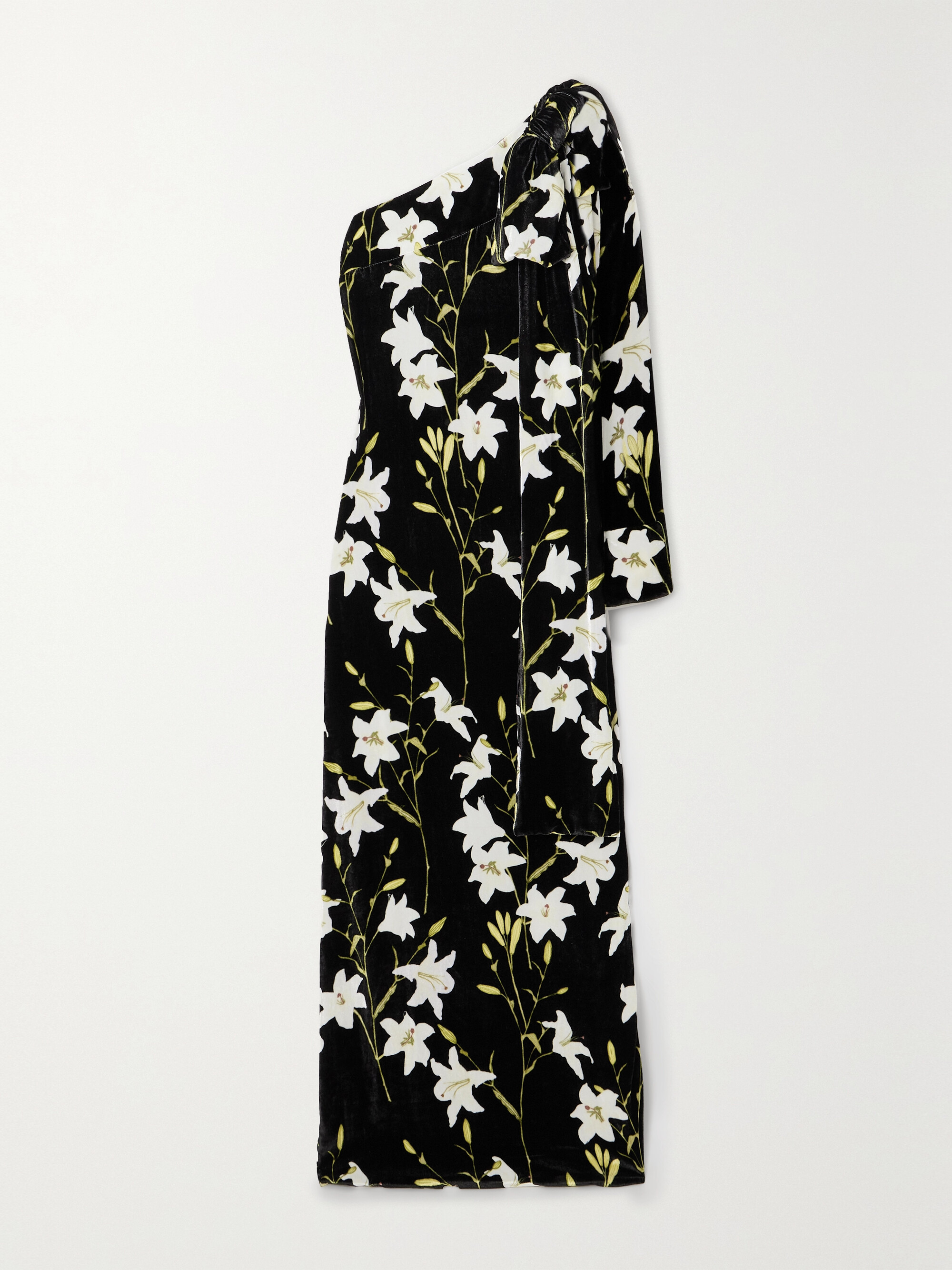 Bernadette Nel bow-detailed one-sleeve floral-print velvet gown