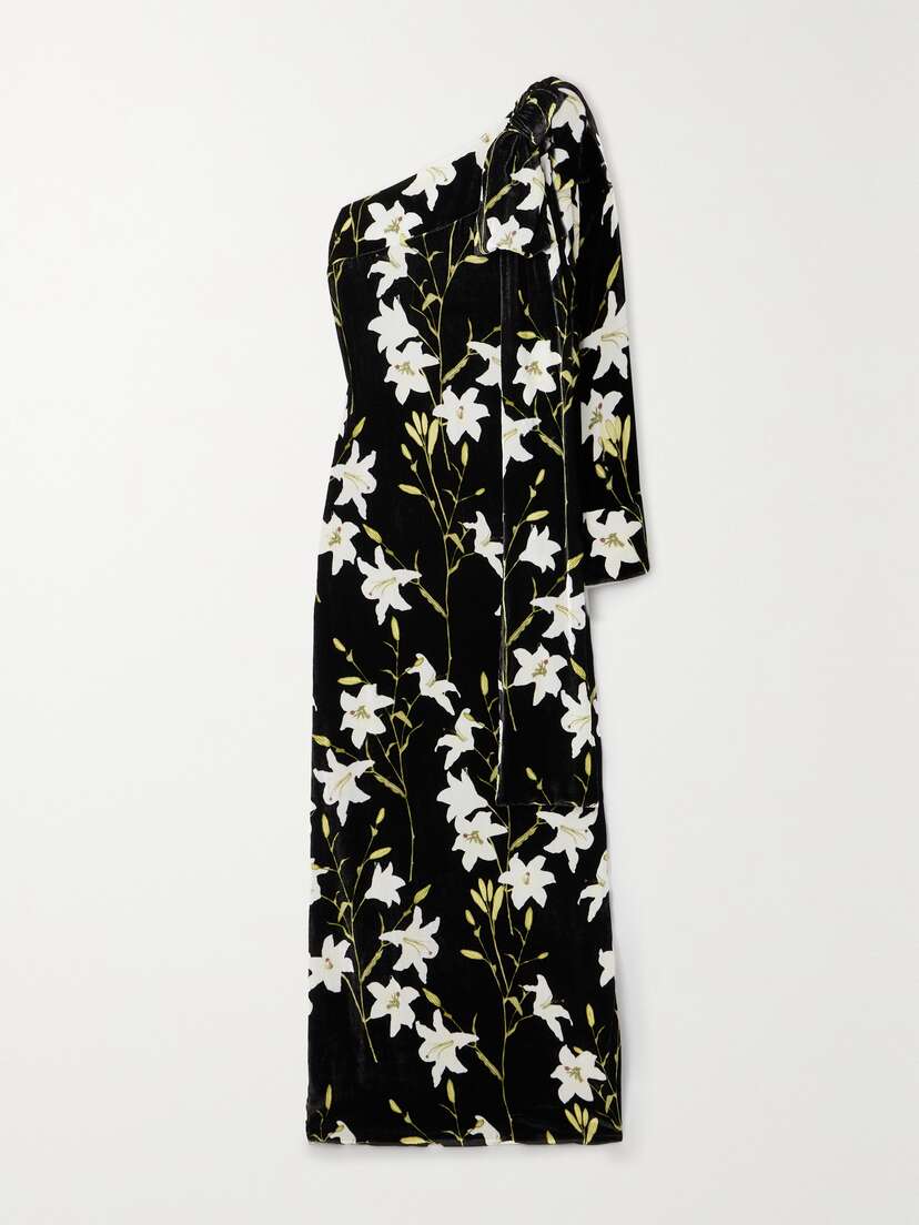 BERNADETTE Nel Bow-detailed One-sleeve Floral-print Velvet Gown