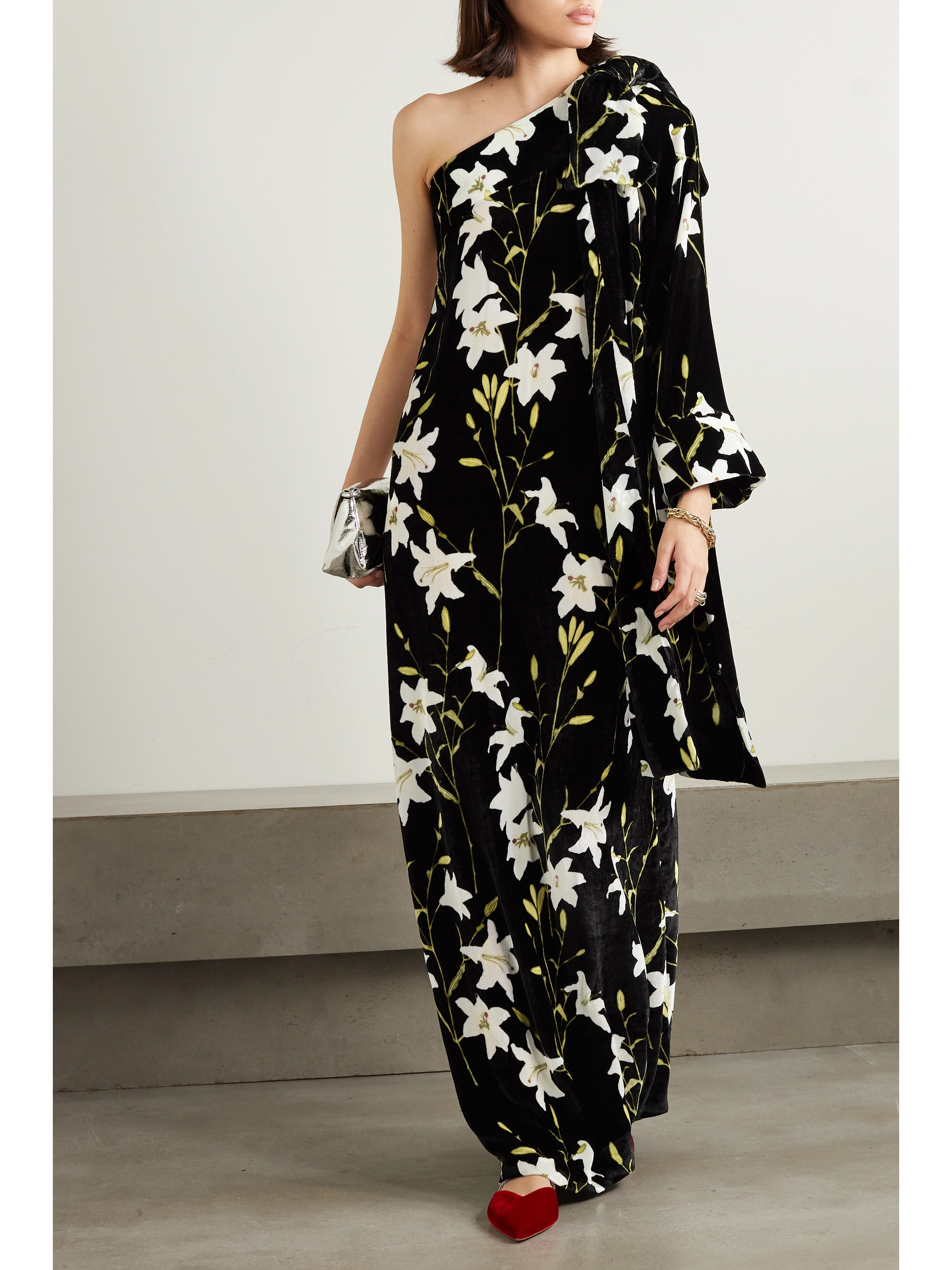Bernadette Nel bow-detailed one-sleeve floral-print velvet gown