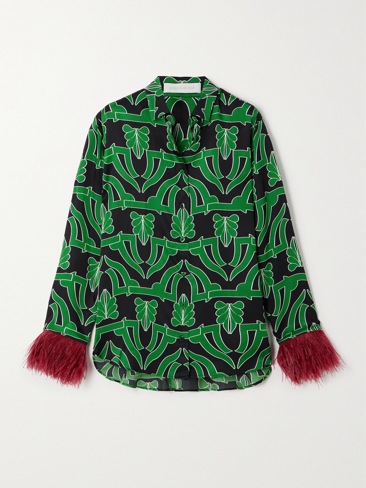 Shop Borgo De Nor Nova Feather-trimmed Printed Satin Top In Green