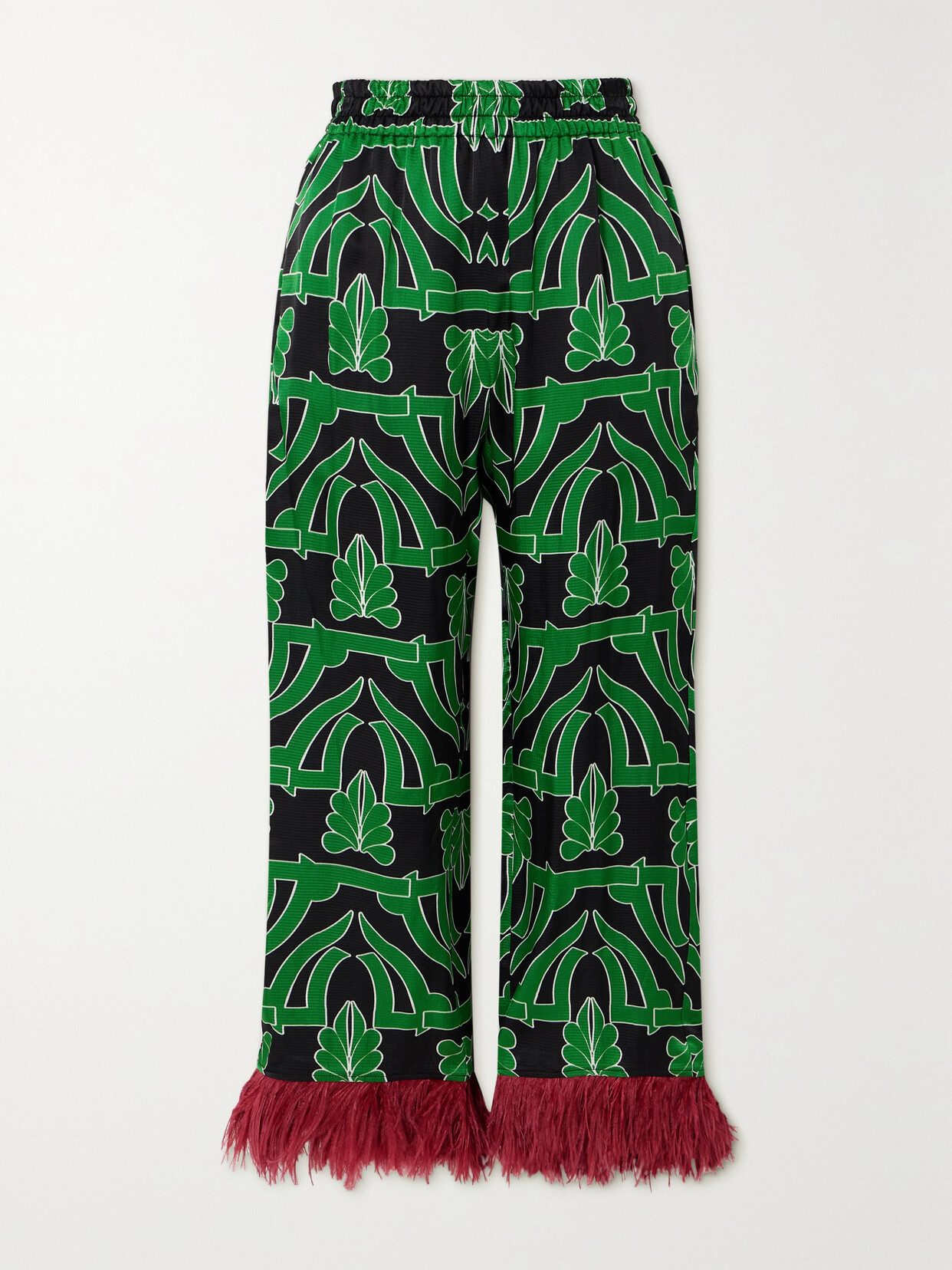 Borgo de Nor - Havana Feather-trimmed Printed Hammered-satin Wide-leg Pants - Green