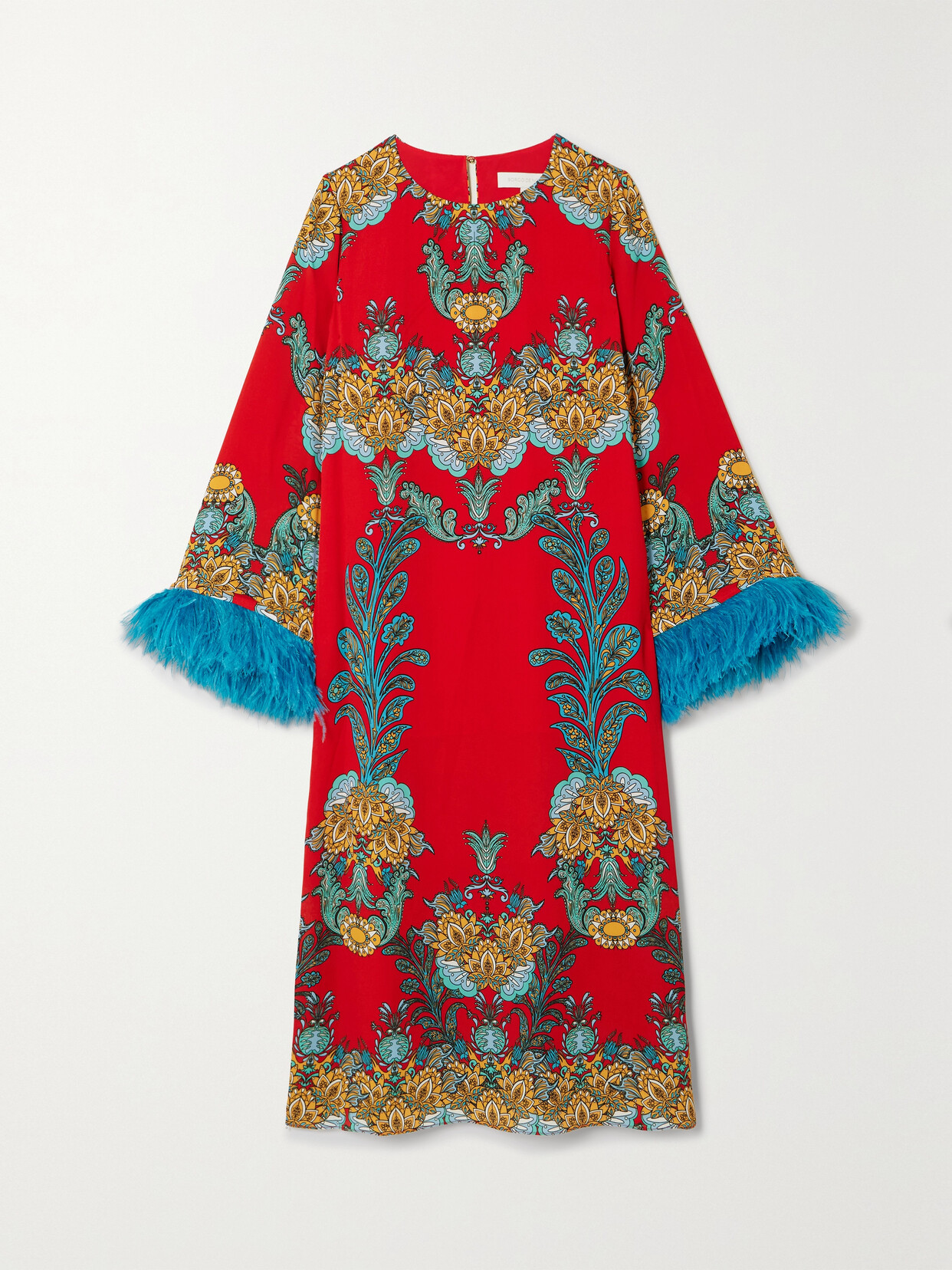 Shop Borgo De Nor Seraphina Feather-trimmed Printed Crepe Midi Dress In Red