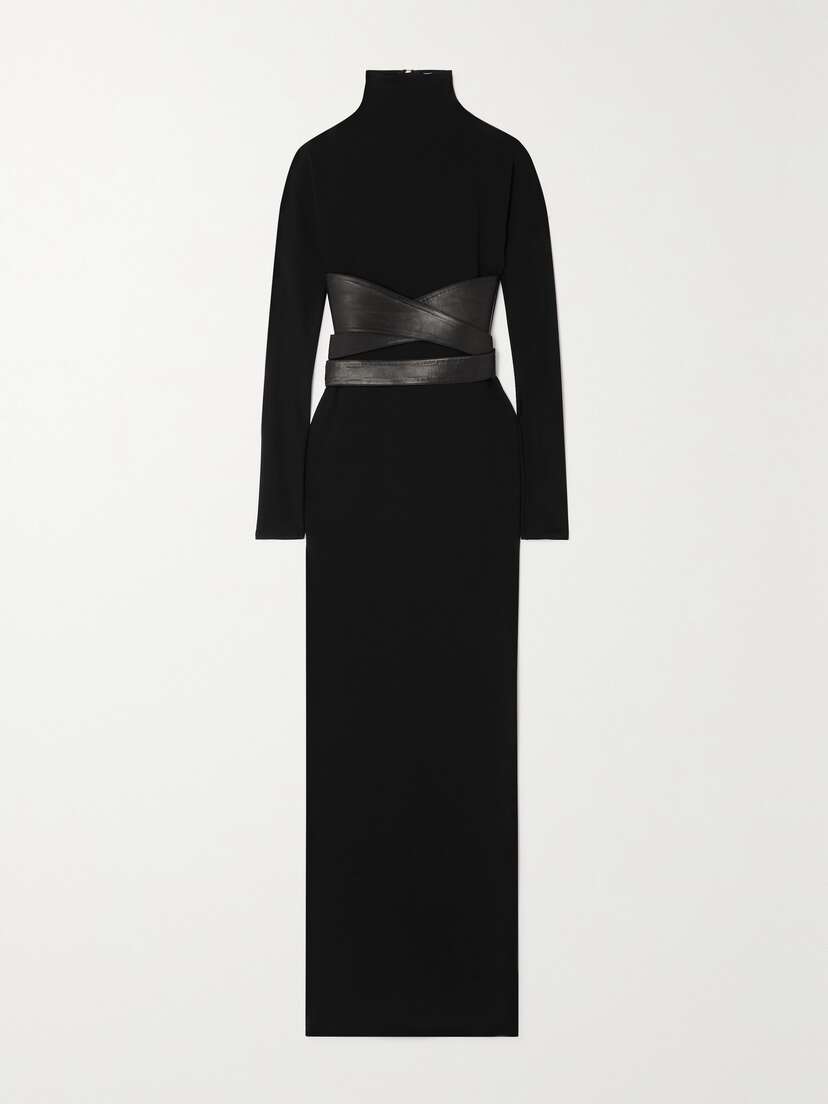 Alaïa Belted Leather-trimmed Stretch-jersey Turtleneck Maxi Dress