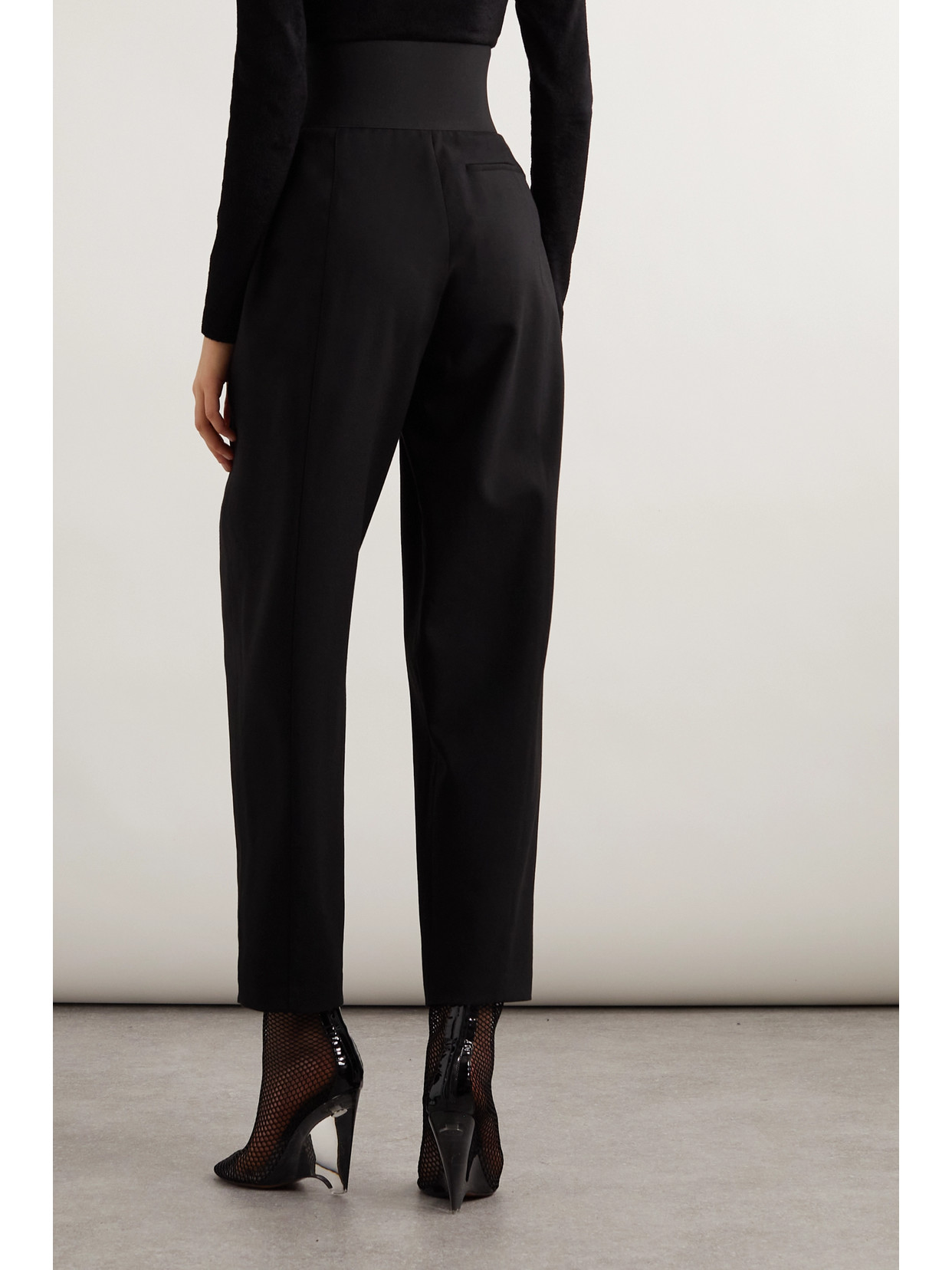 Alaïa Belted Pleated Leather-trimmed Wool-blend Tapered Pants In Black