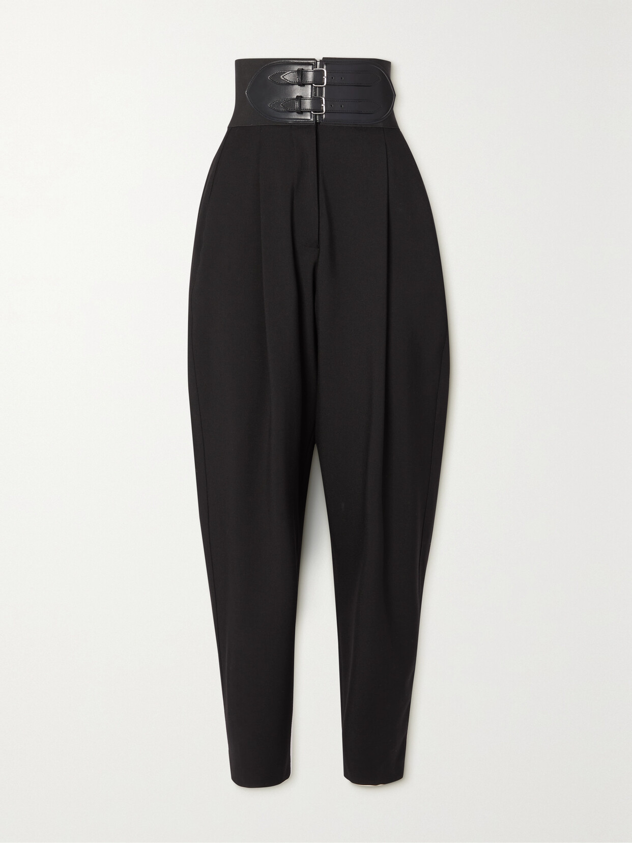 Alaïa Belted Pleated Leather-trimmed Wool-blend Tapered Pants In Black
