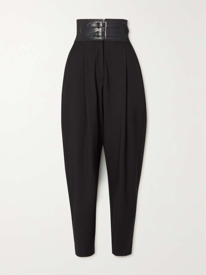 Alaïa Belted Pleated Leather-trimmed Wool-blend Tapered Pants