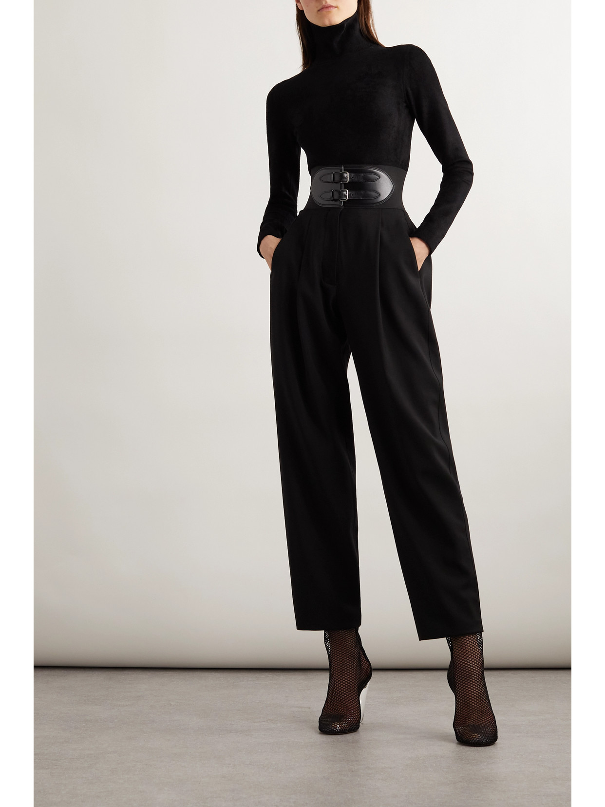 Alaïa Belted Pleated Leather-trimmed Wool-blend Tapered Pants In Black