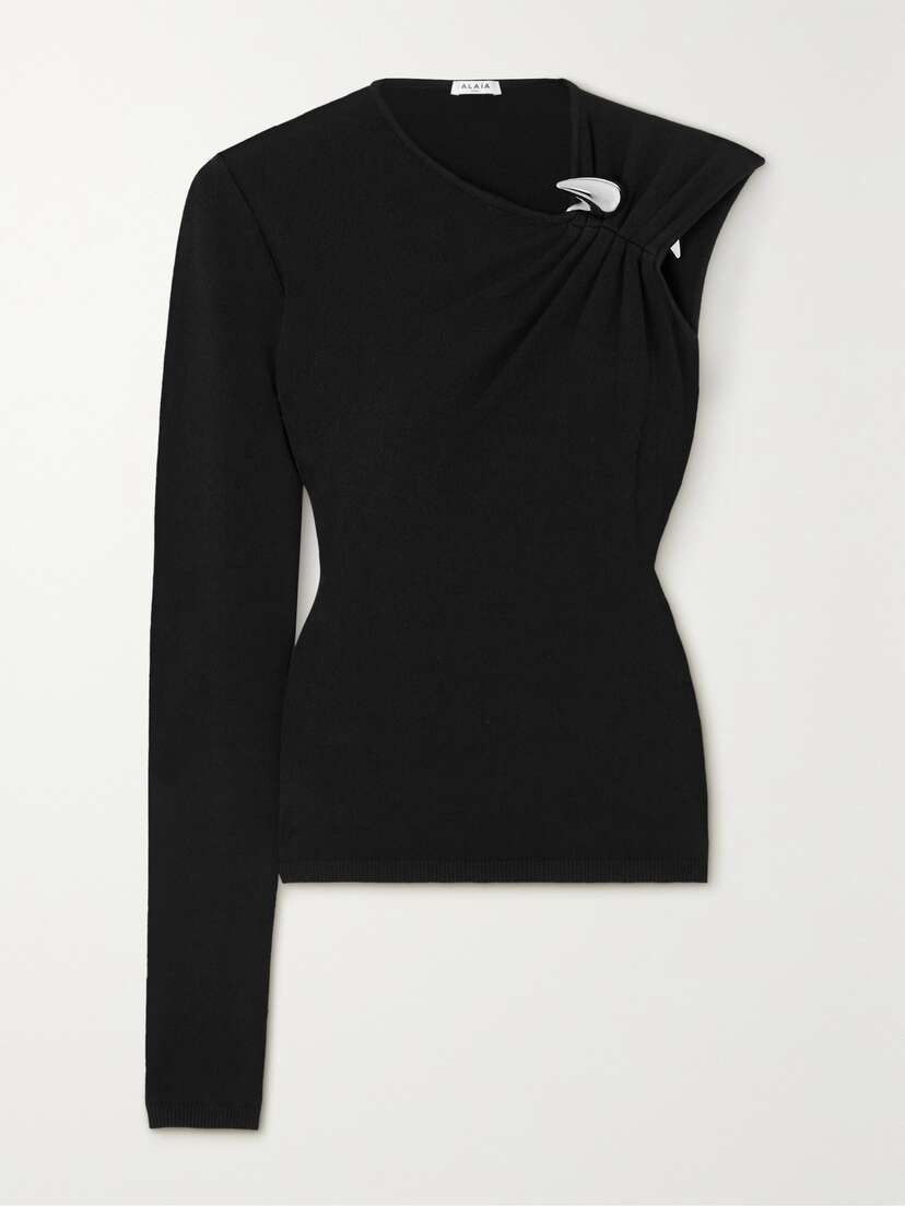 Alaïa One-sleeve Embellished Ruched Knitted Top