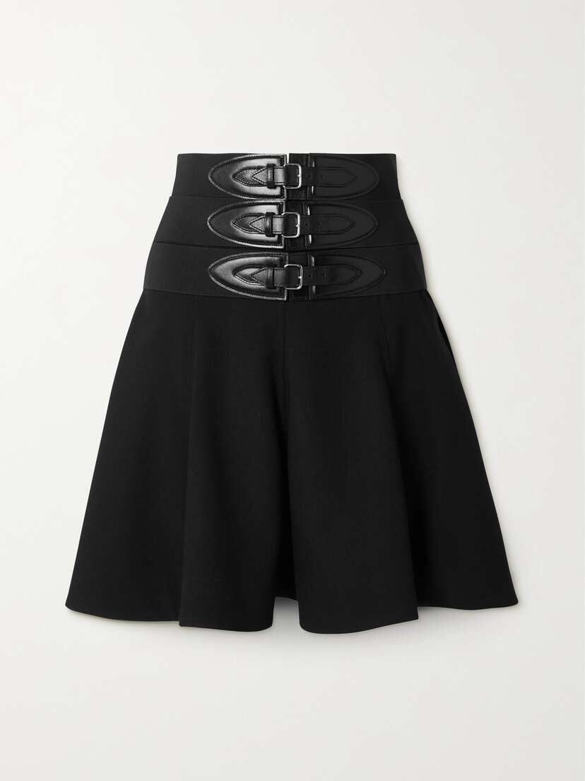 Alaïa Belted Leather-trimmed Stretch-wool Mini Skirt