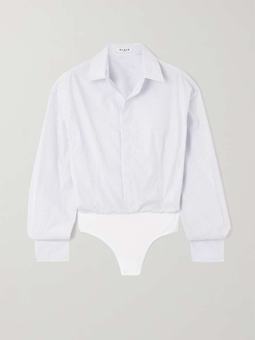 Alaïa Jersey-trimmed Striped Cotton-poplin Bodysuit