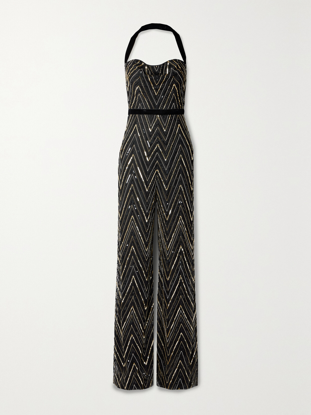 Reem Acra Velvet-trimmed Embellished Tulle Halterneck Jumpsuit In Black
