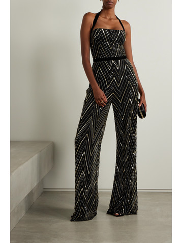 REEM ACRA Velvet-trimmed embellished tulle halterneck jumpsuit